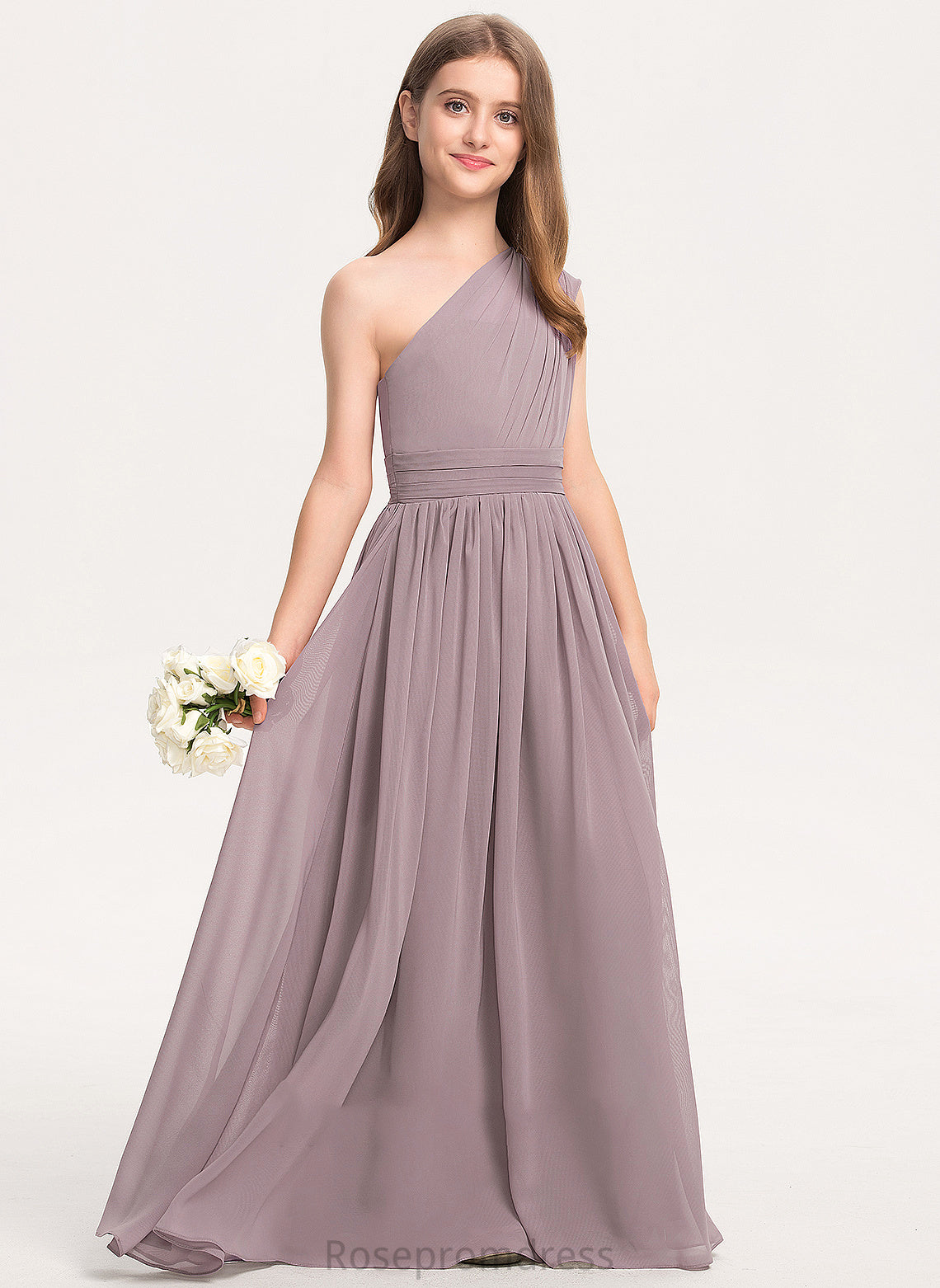 Junior Bridesmaid Dresses One-Shoulder Floor-Length Chiffon With Kathleen A-Line Ruffle