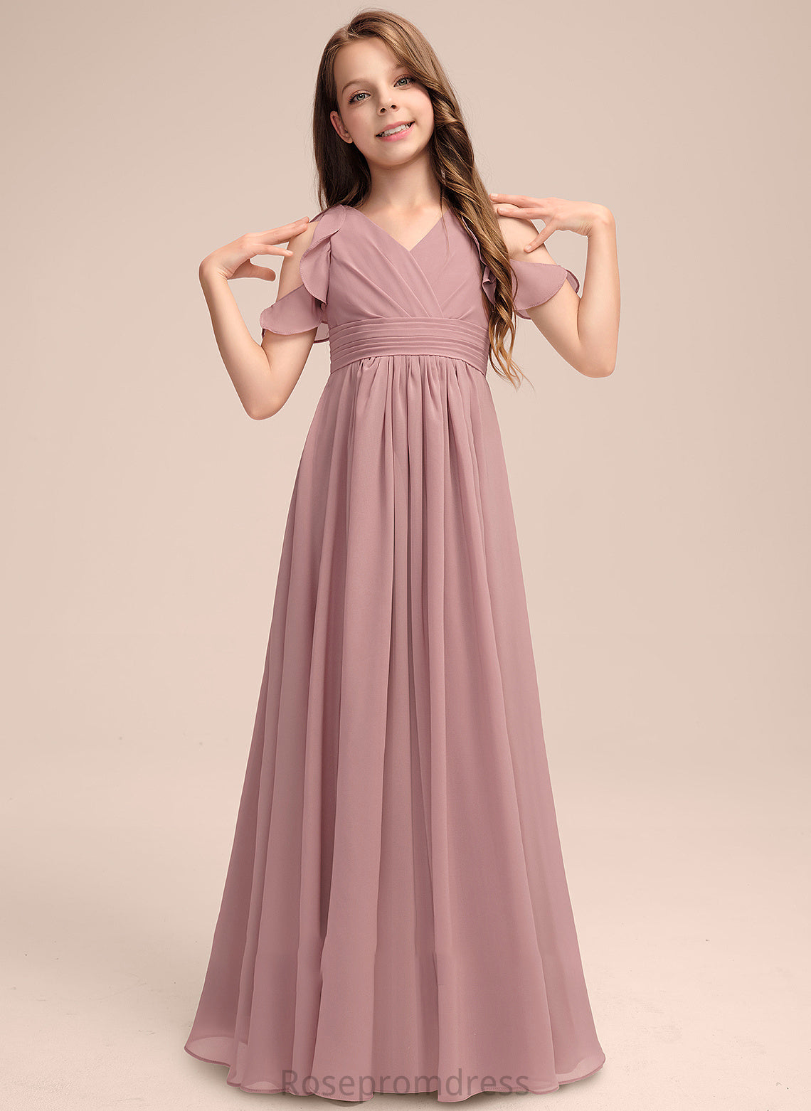 Ruffles V-neck A-Line Cascading Kinley Junior Bridesmaid Dresses Chiffon Floor-Length With