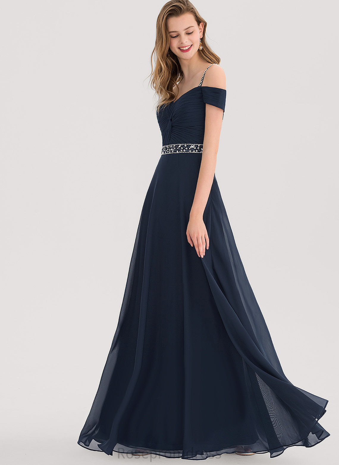 Shoulder V-neck Chiffon London Floor-Length Prom Dresses With A-Line Beading Cold Pleated Sequins