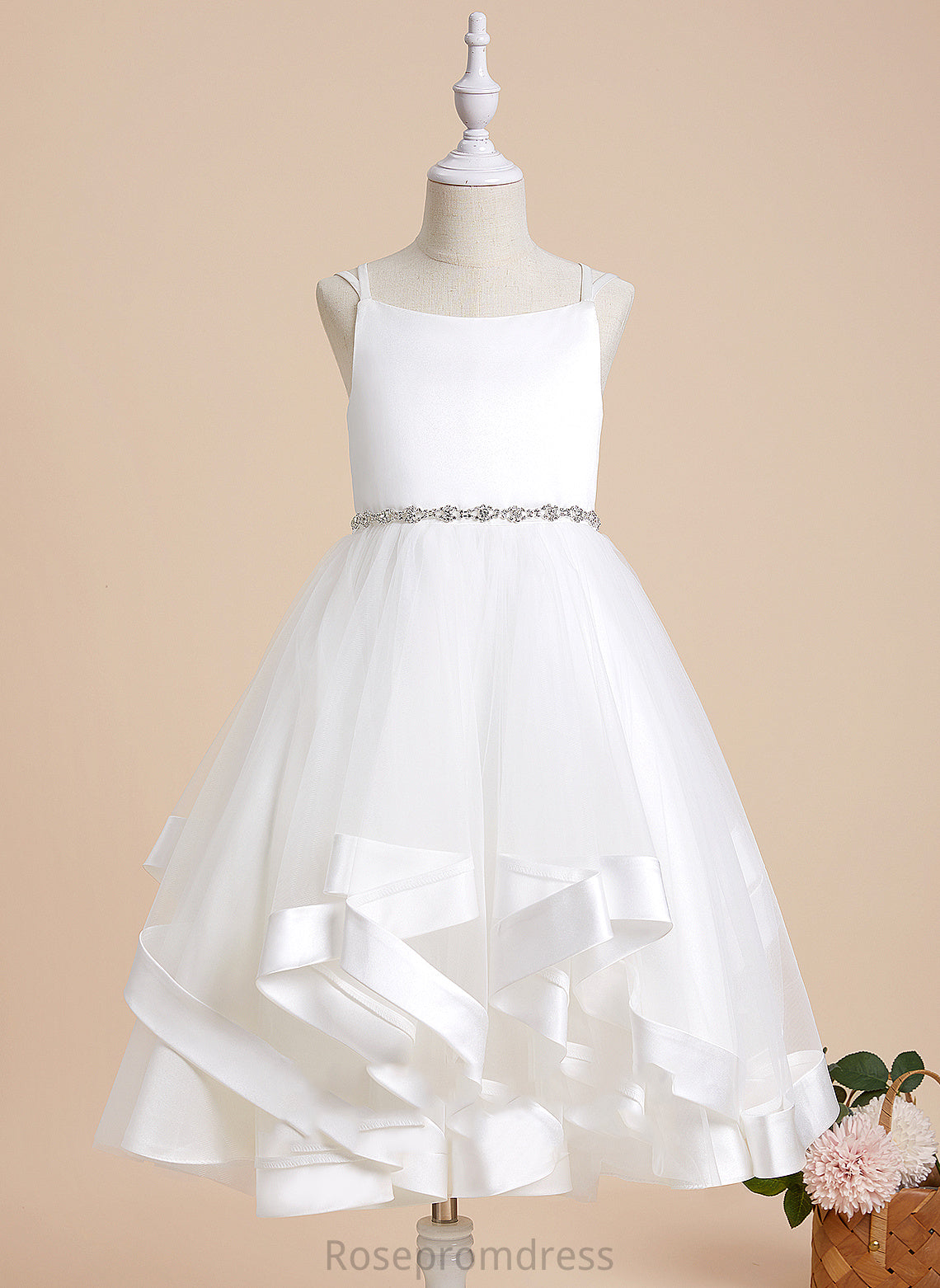 Tea-length Straps Flower Dress Satin/Tulle Beading Girl With Kaleigh Sleeveless A-Line - Flower Girl Dresses