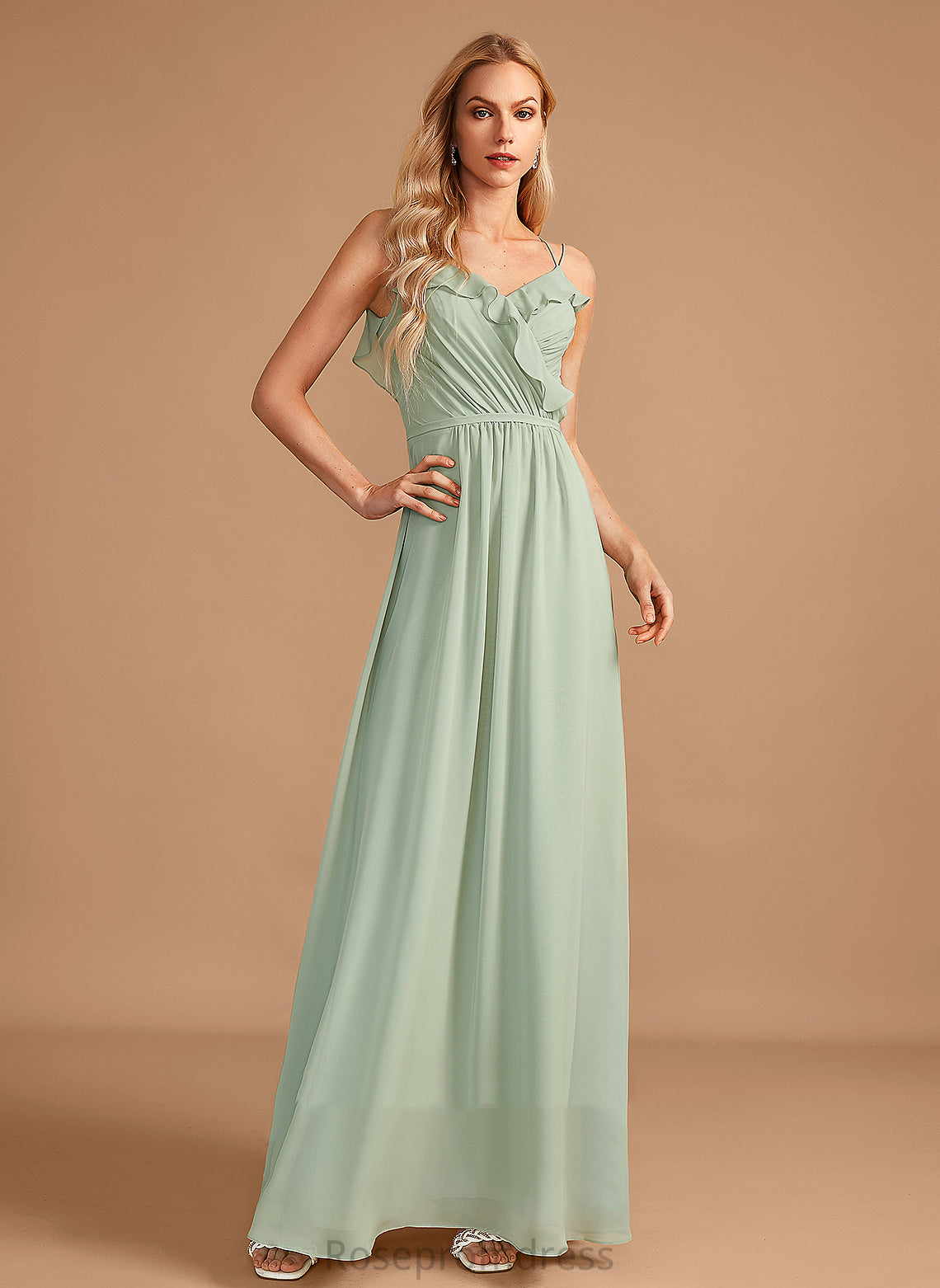 Fabric Embellishment Neckline Floor-Length Silhouette A-Line Length Ruffle V-neck Mckayla A-Line/Princess Scoop Bridesmaid Dresses