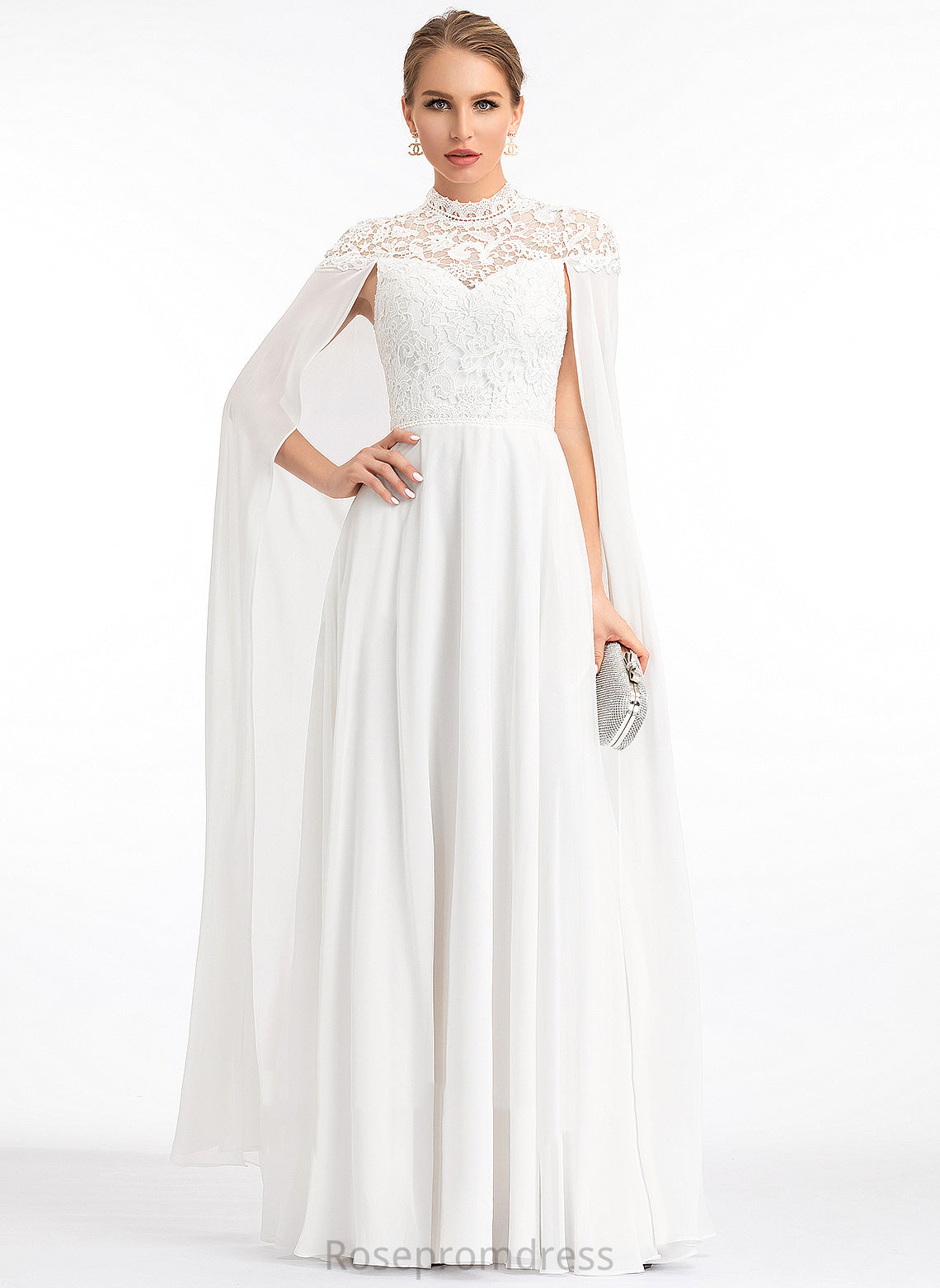 Lace Chiffon Floor-Length Neck Kaiya High Wedding Dresses A-Line Wedding Dress