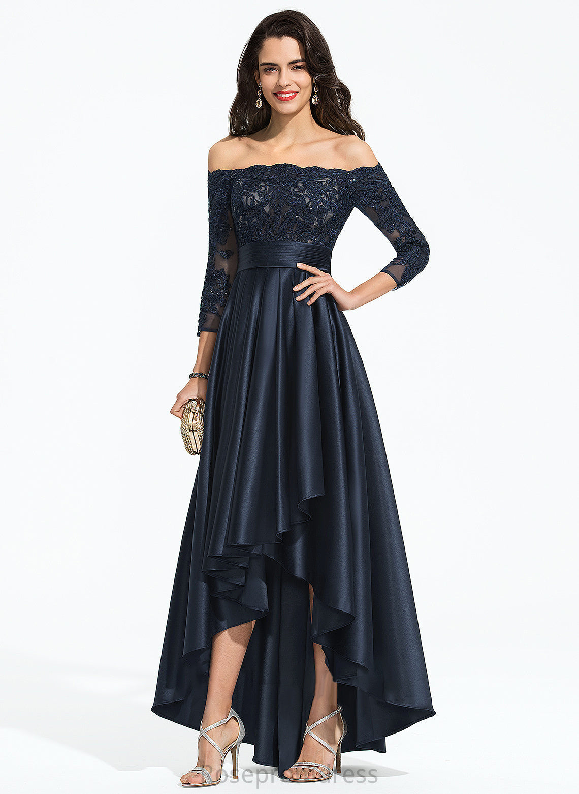 A-Line Ruffle Riley Sequins With Satin Off-the-Shoulder Asymmetrical Prom Dresses