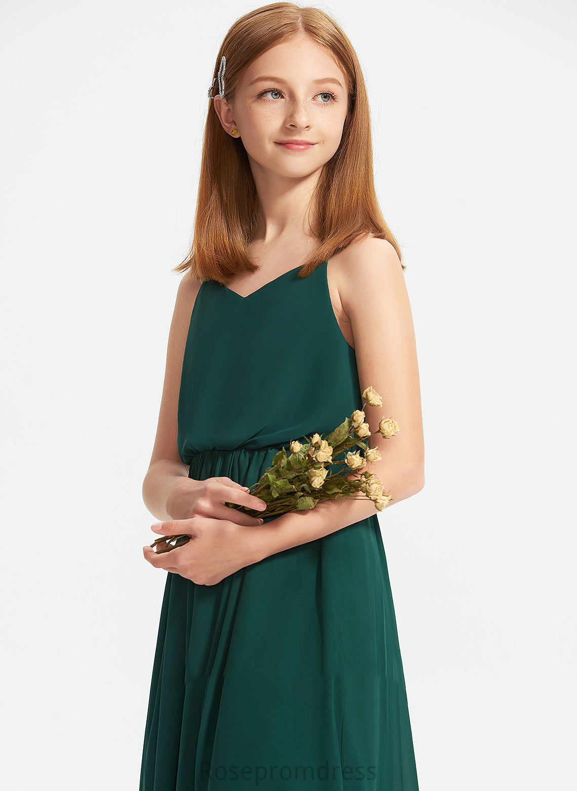 Floor-Length Junior Bridesmaid Dresses A-Line Dahlia Ruffle Chiffon V-neck With