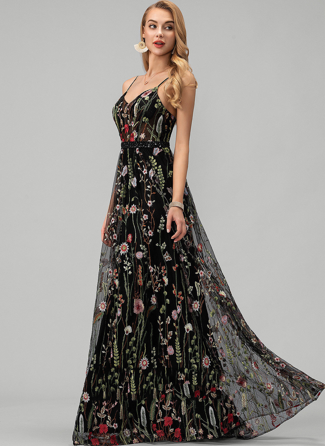 With Lace V-neck Beading Prom Dresses A-Line Amelia Floor-Length