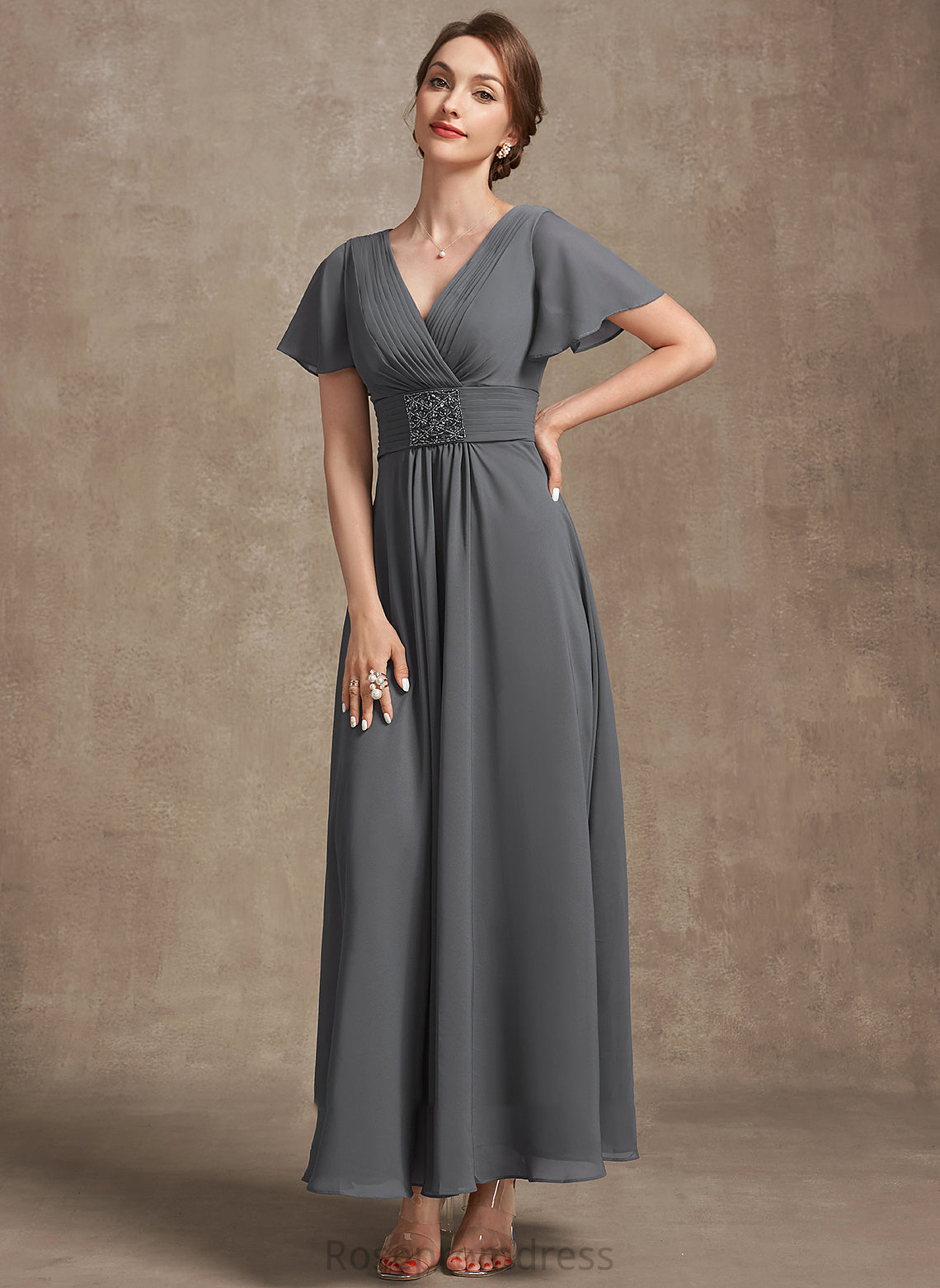 A-Line Chiffon Ankle-Length With Faith Bride Beading the V-neck of Mother Dress Ruffle Mother of the Bride Dresses