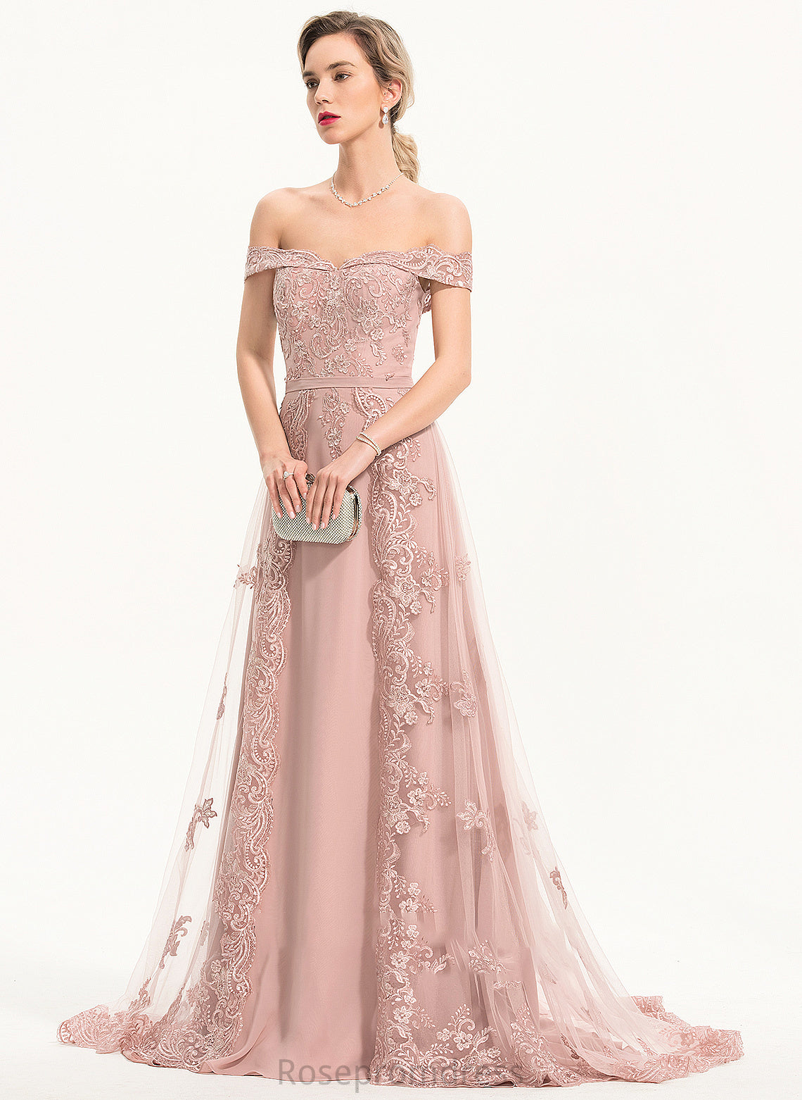 Tulle A-Line Train Prom Dresses Chiffon Sweep Off-the-Shoulder With Savanah Sequins