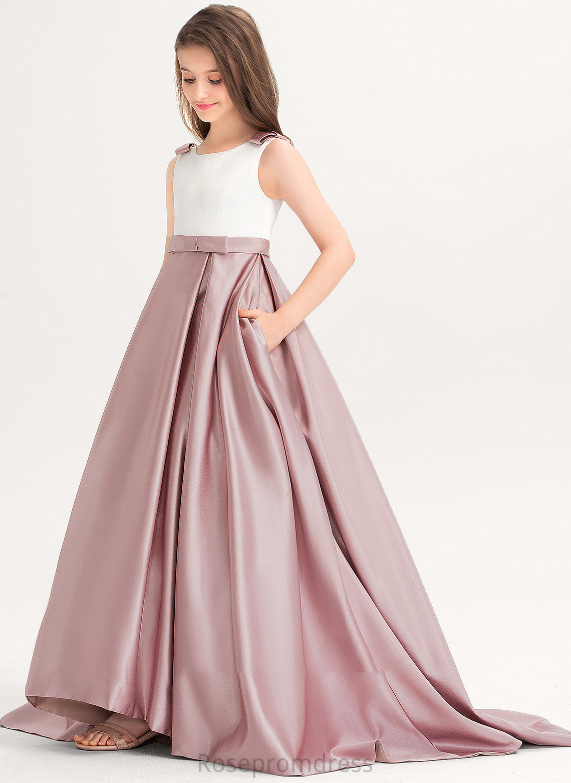 Kamryn Neck Bow(s) Sweep Ball-Gown/Princess Train Satin Junior Bridesmaid Dresses With Scoop Pockets