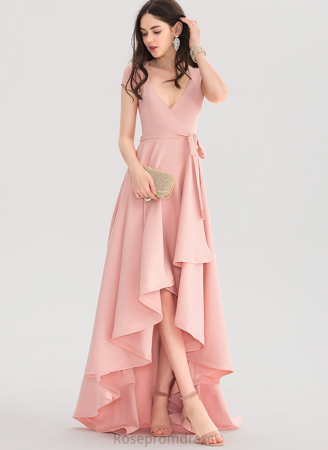 Crepe V-neck Marely Prom Dresses Stretch Asymmetrical A-Line