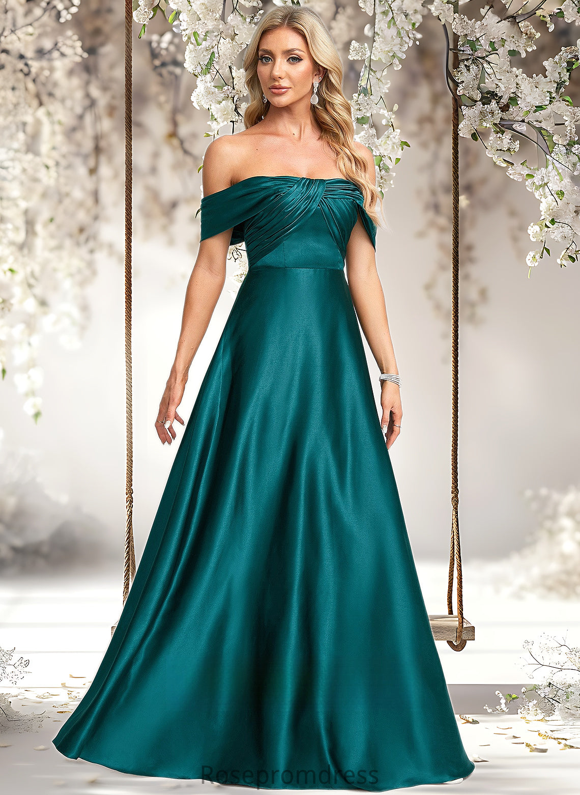 Shea A-line Off the Shoulder Floor-Length Stretch Satin Prom Dresses DSP0025879