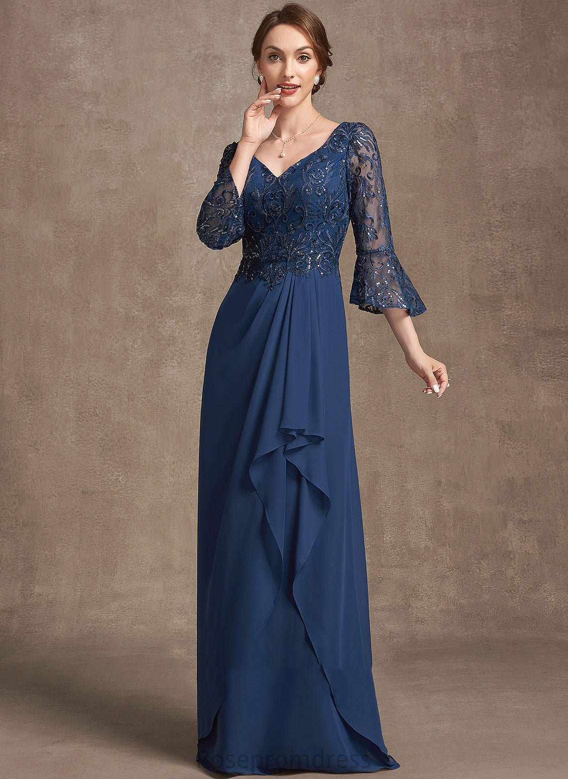 Mother Floor-Length Lailah Sequins Ruffles Lace V-neck Dress the A-Line Mother of the Bride Dresses Bride of With Cascading Chiffon