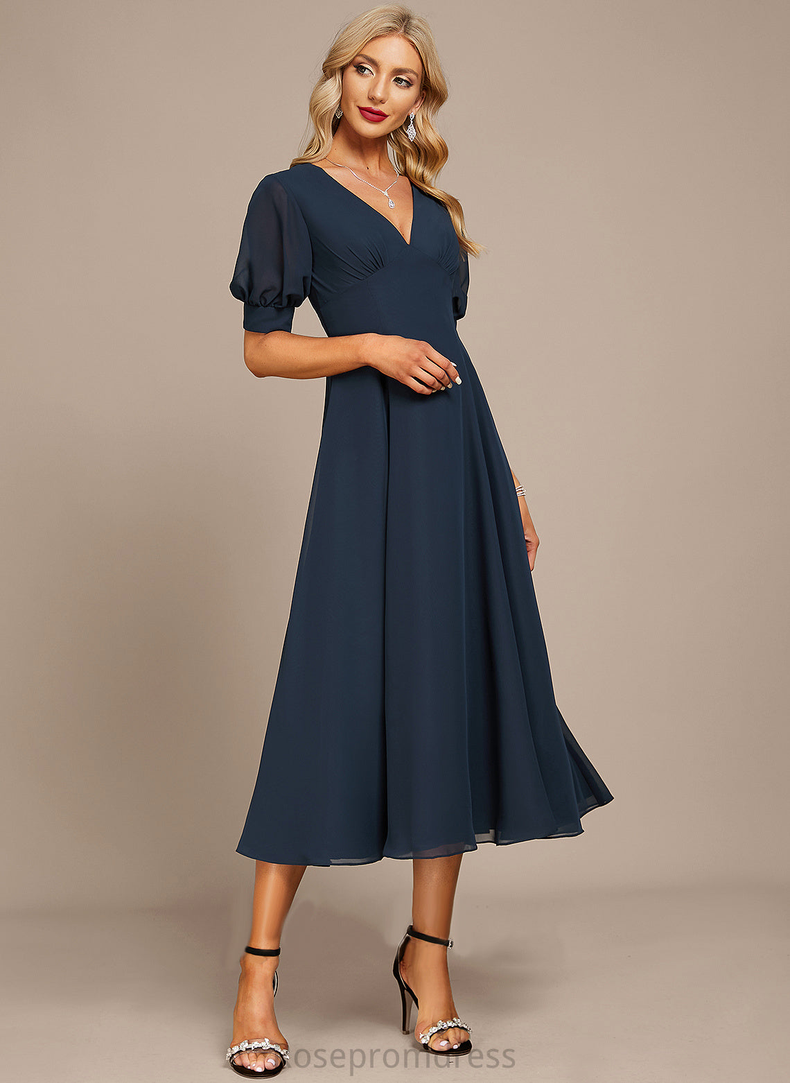 Ruffle Veronica Cocktail Dress A-Line With V-neck Cocktail Dresses Tea-Length Chiffon