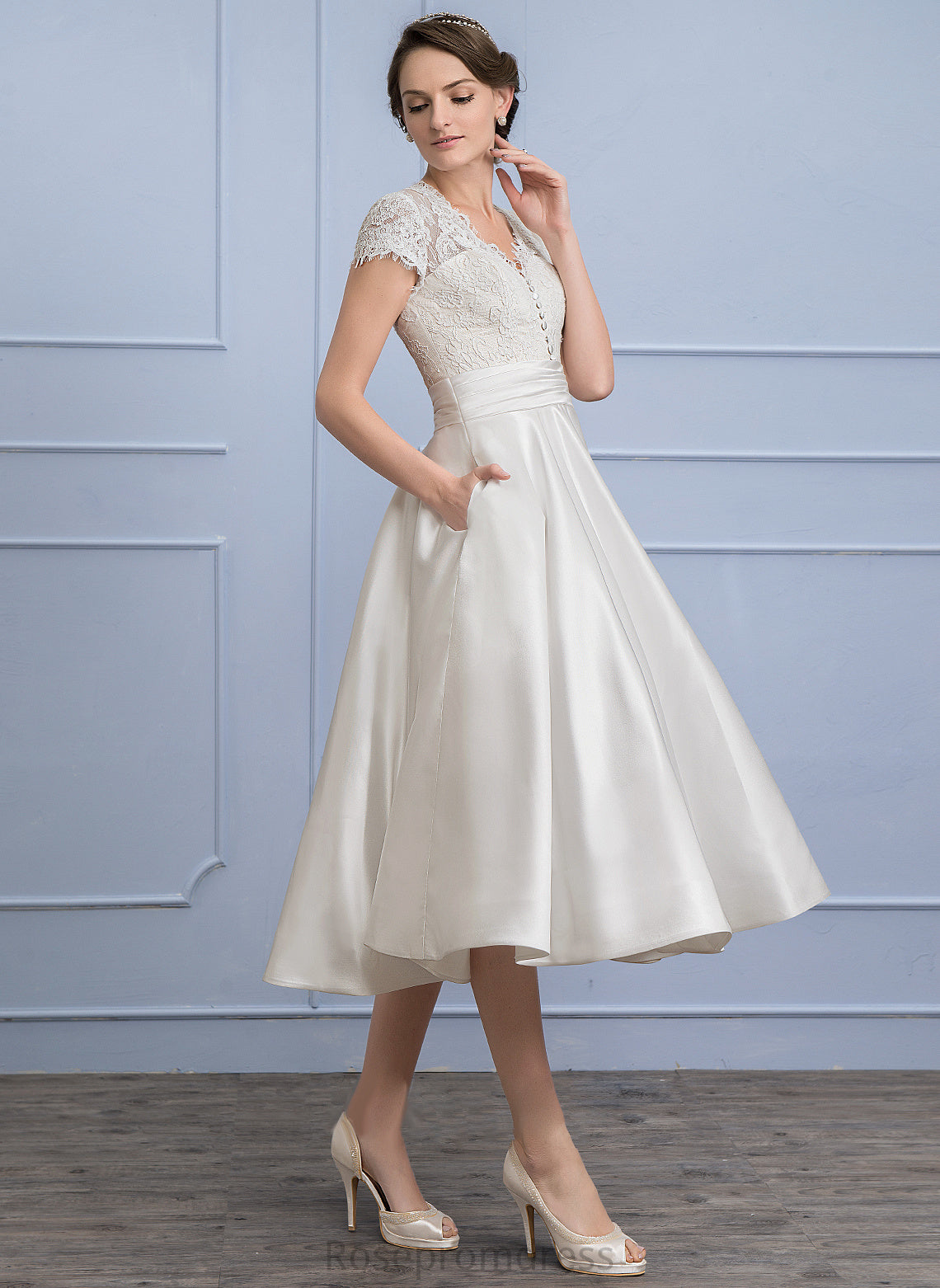 Ruffle A-Line Tea-Length Wedding Dresses Dress With Satin Wedding V-neck Lace Annalise