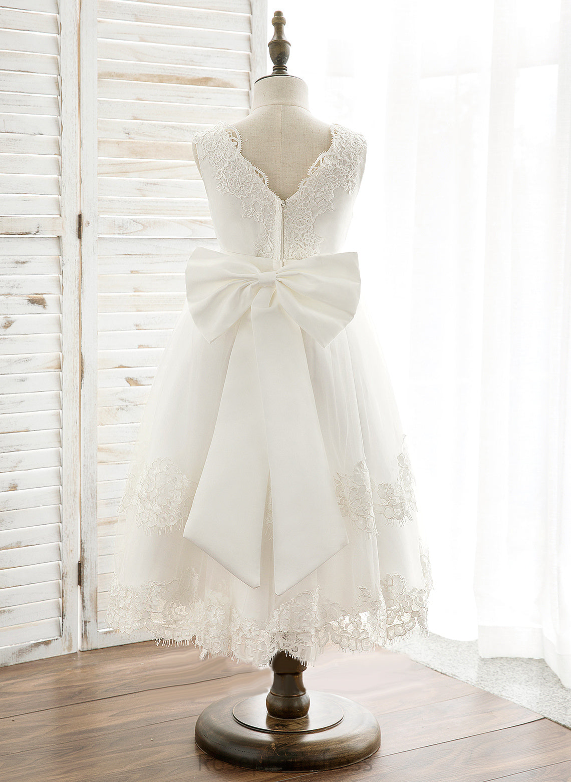 Flower V-neck - Dress With A-Line Girl Back Sleeveless Nola Tulle/Lace Tea-length Bow(s)/V Flower Girl Dresses