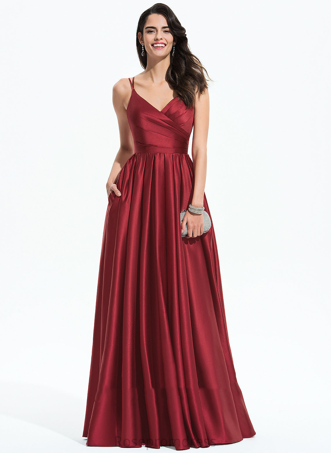 V-neck Pleated Satin Hillary Floor-Length With A-Line Prom Dresses