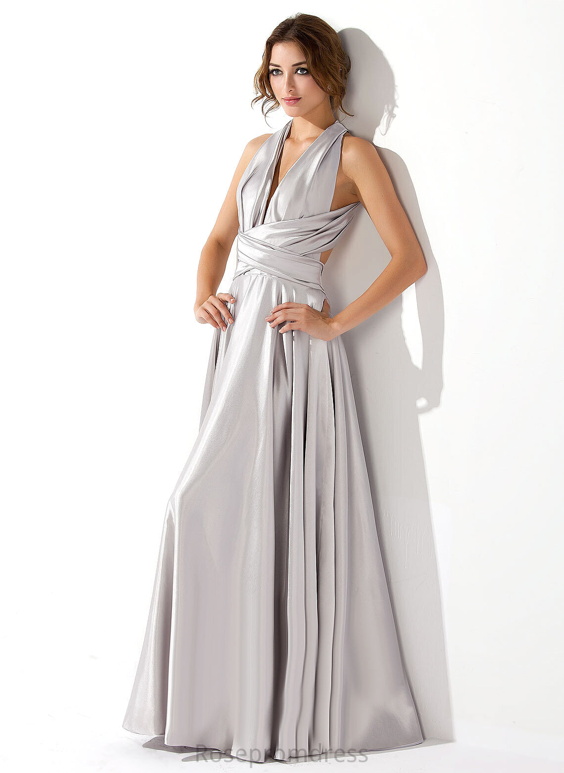 A-Line Pleated Maribel Floor-Length Prom Dresses Charmeuse With V-neck