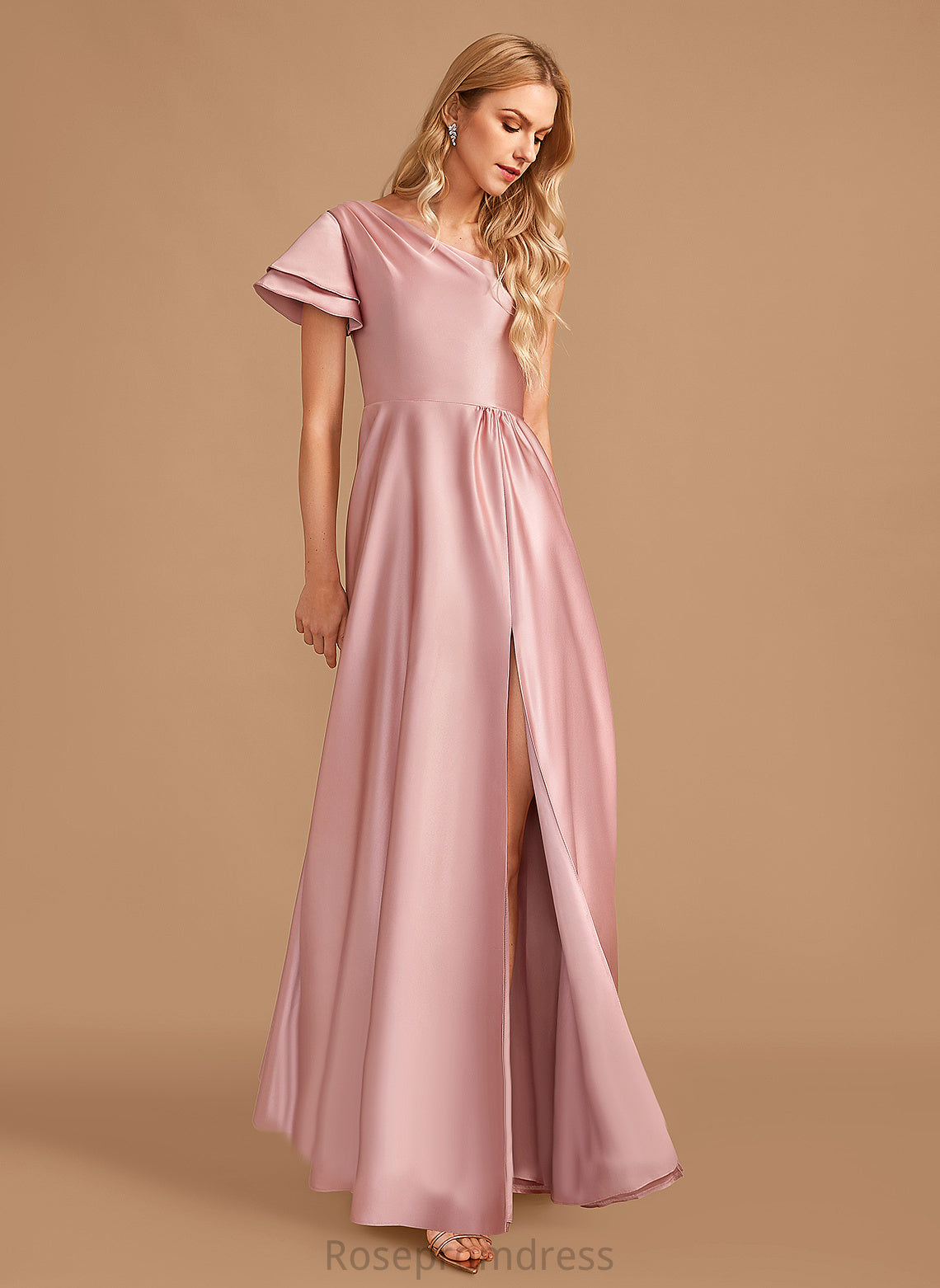 A-line Neckline Fabric Satin Floor-Length Length OneShoulder Straps&Sleeves Silhouette Millie A-Line/Princess Tea Length Bridesmaid Dresses