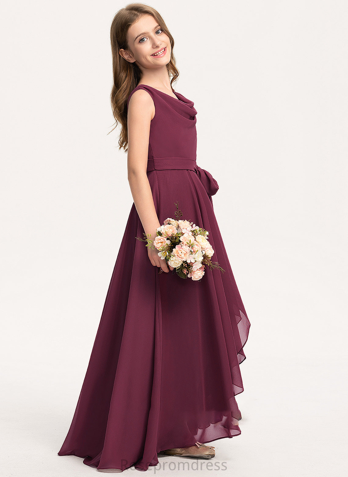 Neck Cowl Asymmetrical Chiffon Azaria Bow(s) A-Line With Junior Bridesmaid Dresses