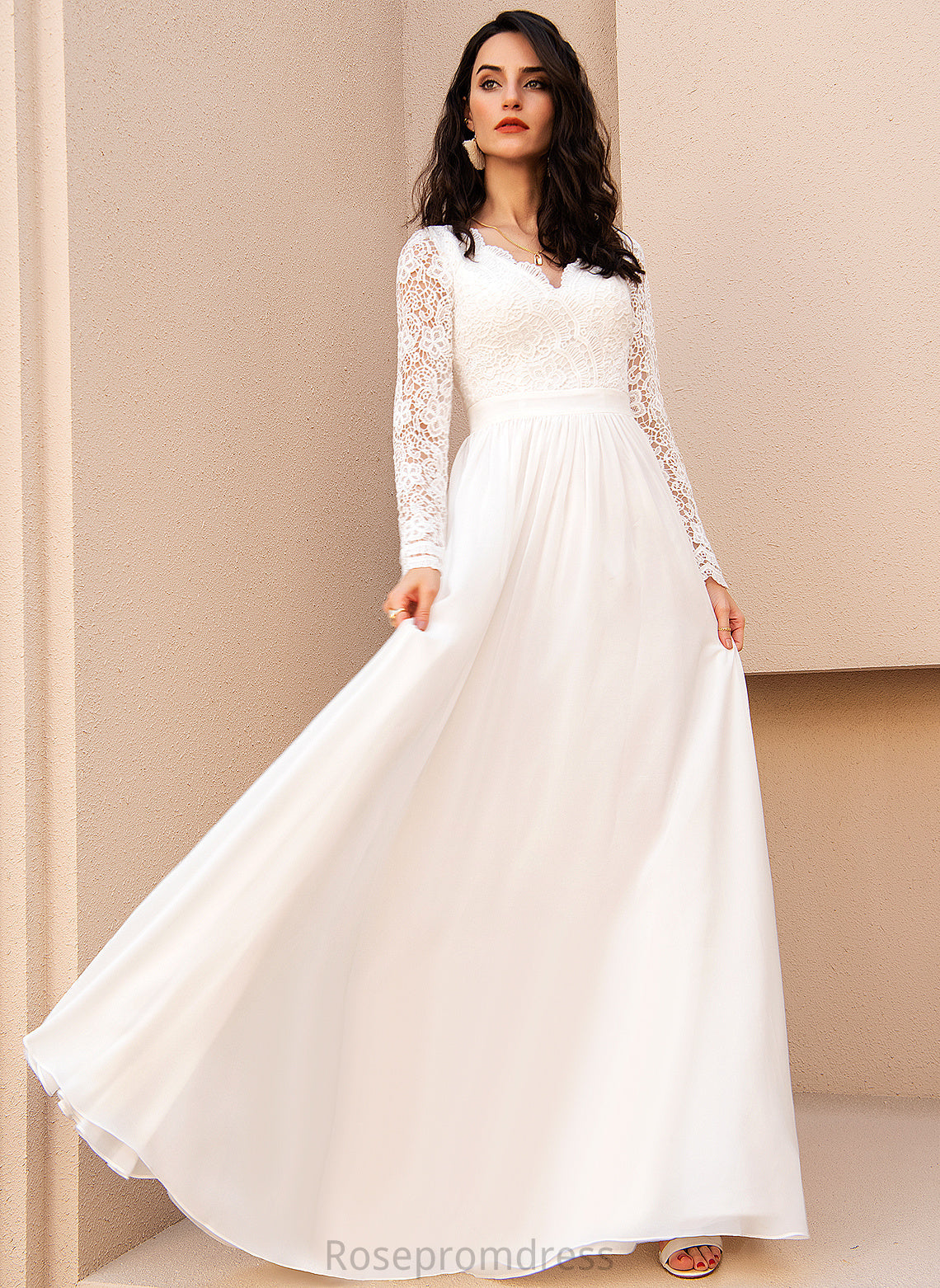 Floor-Length Lace A-Line V-neck Alivia Chiffon Wedding Dress Wedding Dresses