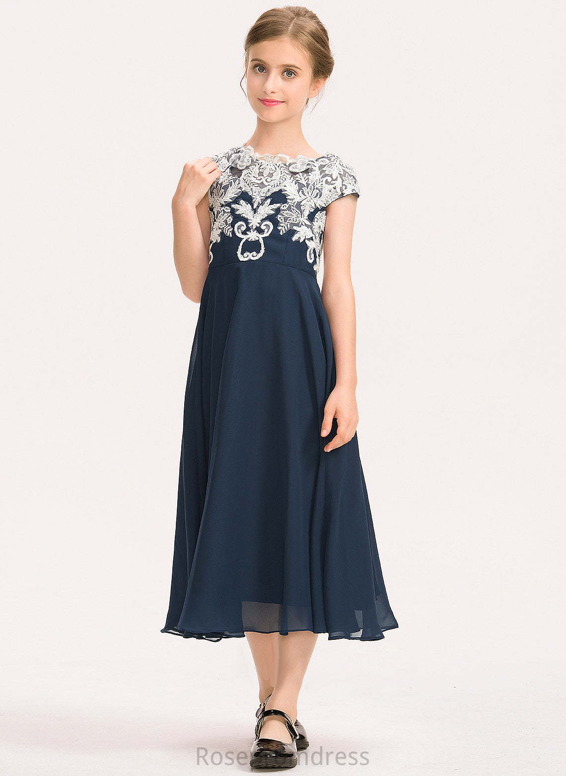 A-Line Junior Bridesmaid Dresses Tea-Length Chiffon Neck Scoop Martina Lace