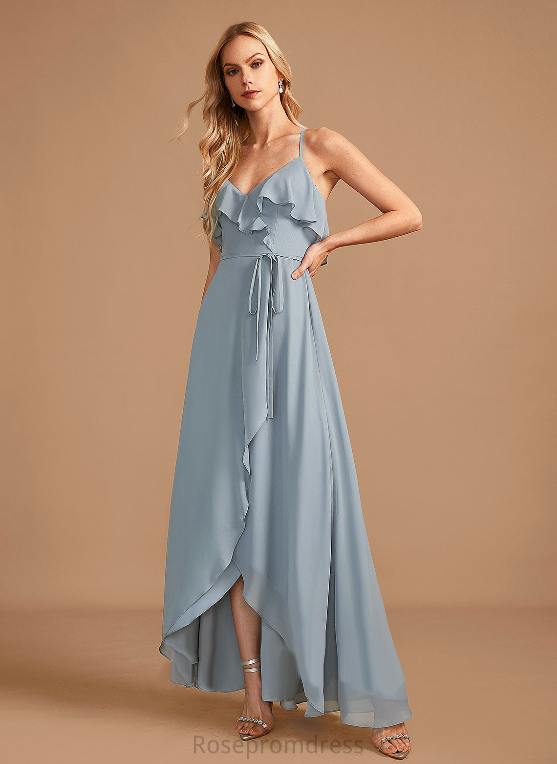 Fabric Ruffle Neckline Asymmetrical Embellishment A-Line Length V-neck Silhouette Katie Sheath/Column Floor Length Bridesmaid Dresses