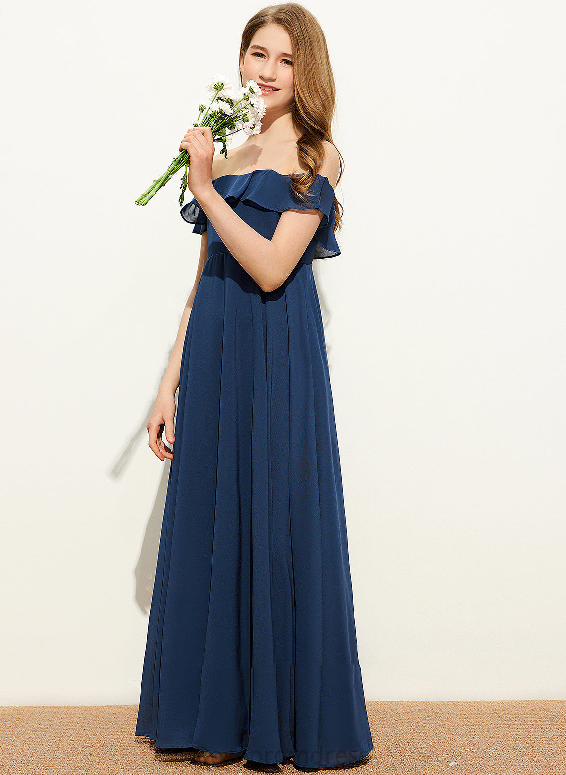 Floor-Length Cecelia Chiffon Off-the-Shoulder Junior Bridesmaid Dresses A-Line