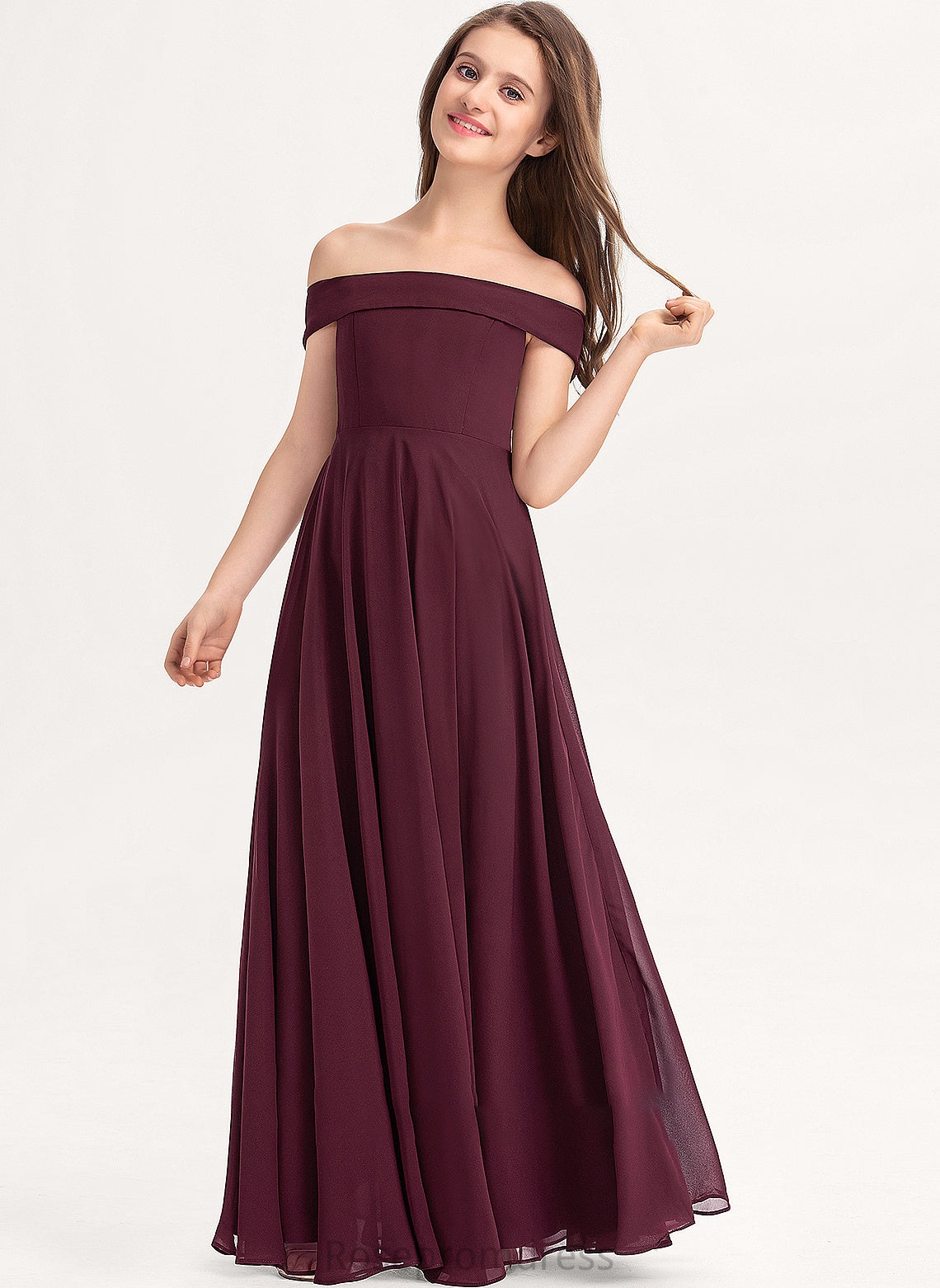 A-Line Junior Bridesmaid Dresses Off-the-Shoulder Chiffon Floor-Length Stacy