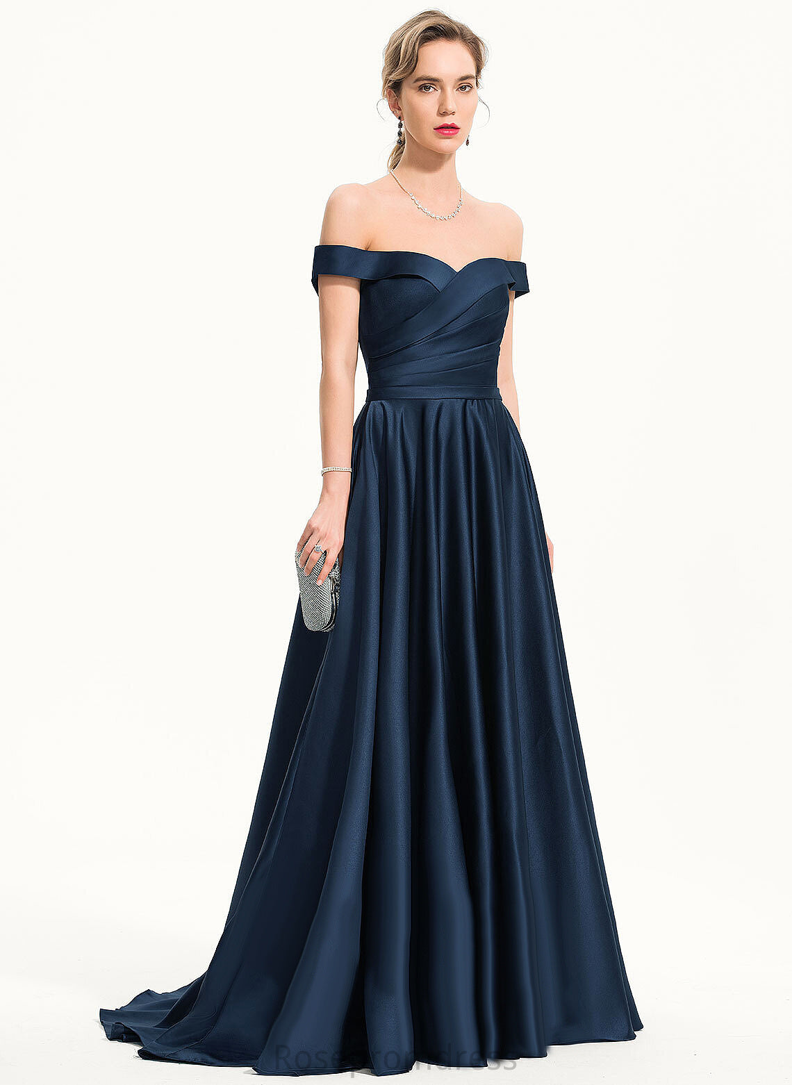 Train Satin A-Line Prom Dresses Off-the-Shoulder Nataly Sweep