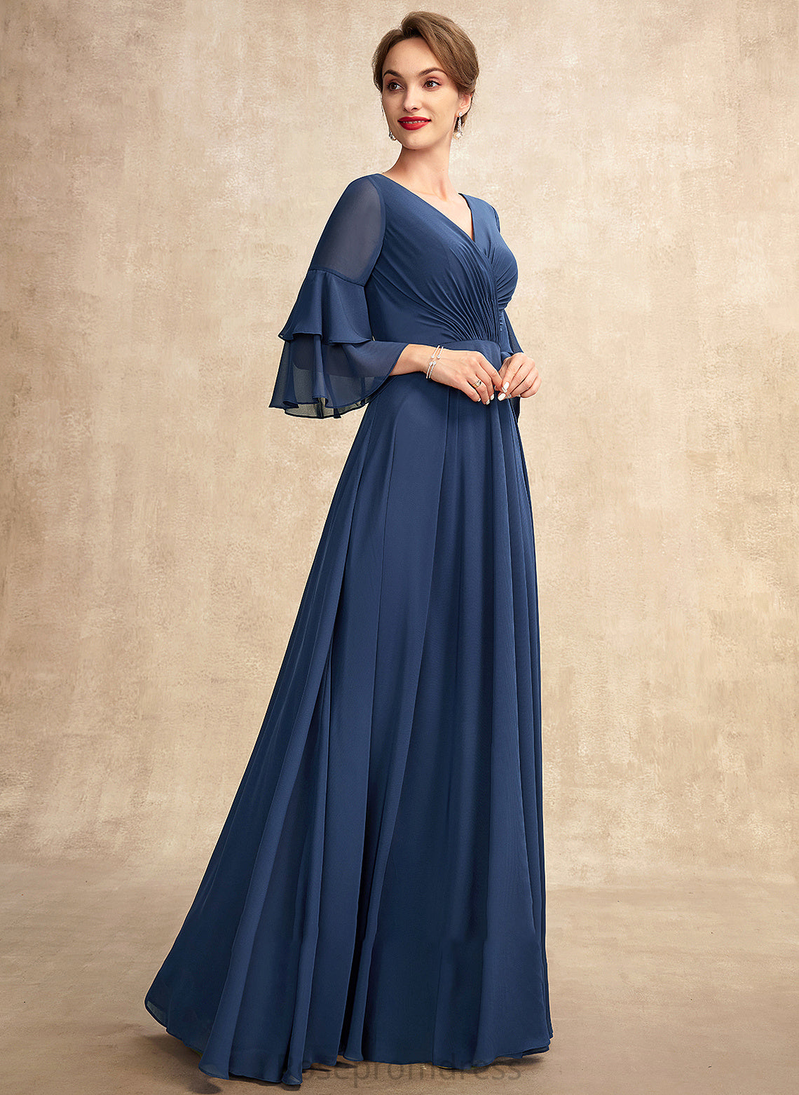 Chiffon Bride Mother of Floor-Length Dress V-neck the With Mother of the Bride Dresses A-Line Ruffles Micaela Cascading