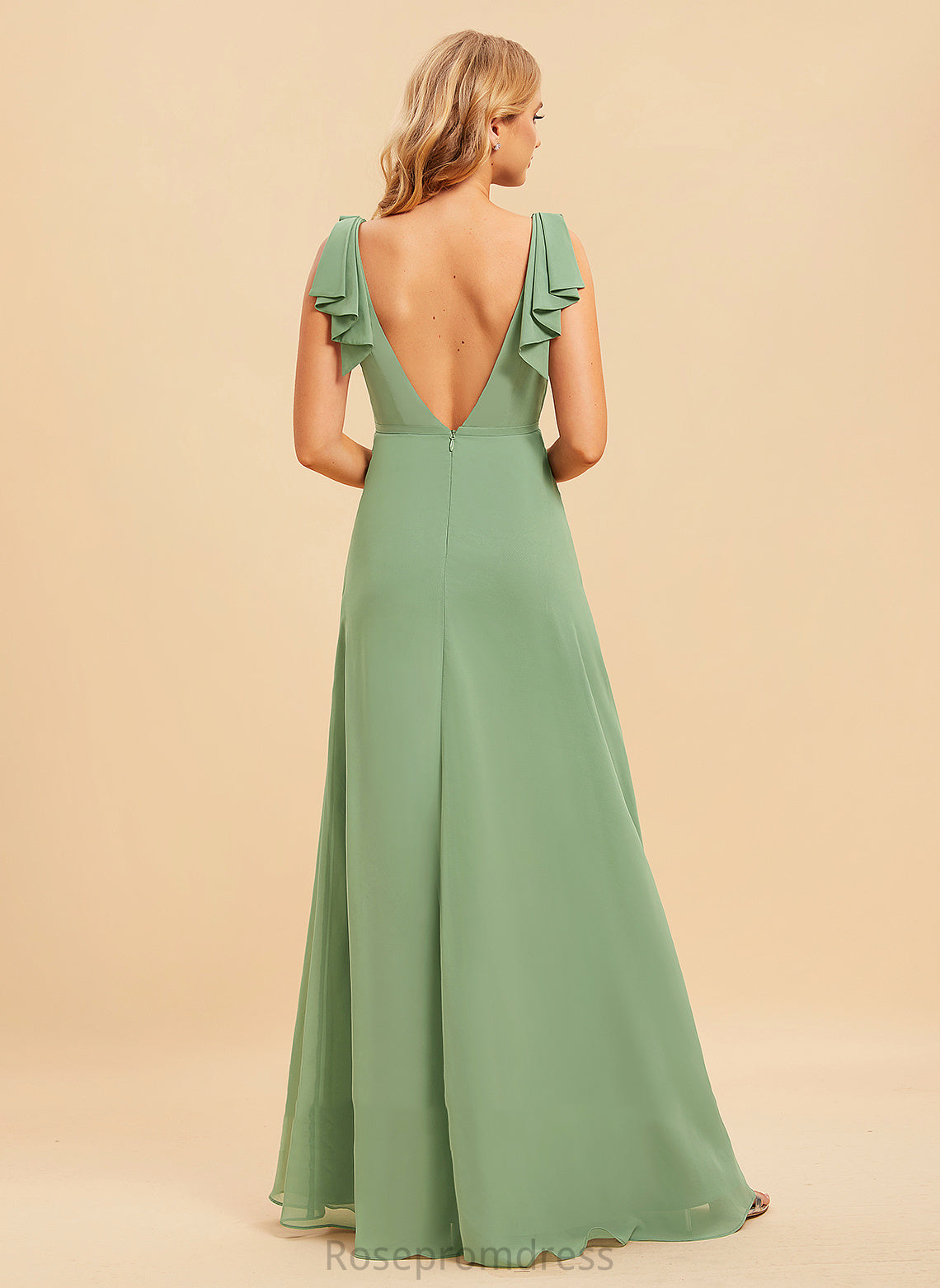 Length Floor-Length Ruffle Fabric A-Line Silhouette Neckline V-neck Embellishment Phoenix Sheath/Column Spaghetti Staps Bridesmaid Dresses