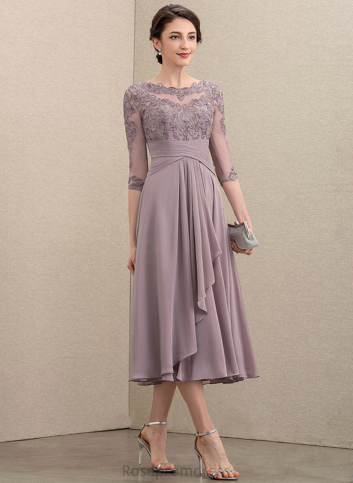 Scoop Mother of the Bride Dresses A-Line Mother the Bride Neck Lace With Lailah Dress of Tea-Length Cascading Chiffon Ruffles