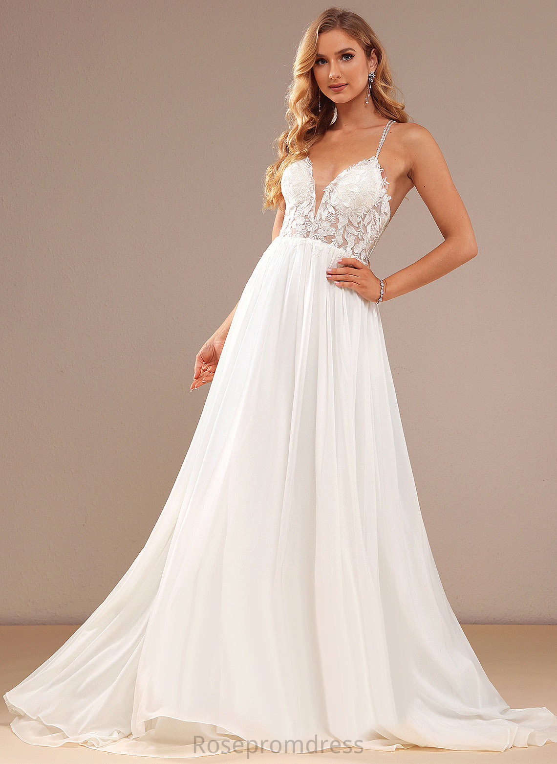 A-Line Sweep Lace With Sequins Wedding V-neck Dress Chiffon Wedding Dresses Beading Train Dixie