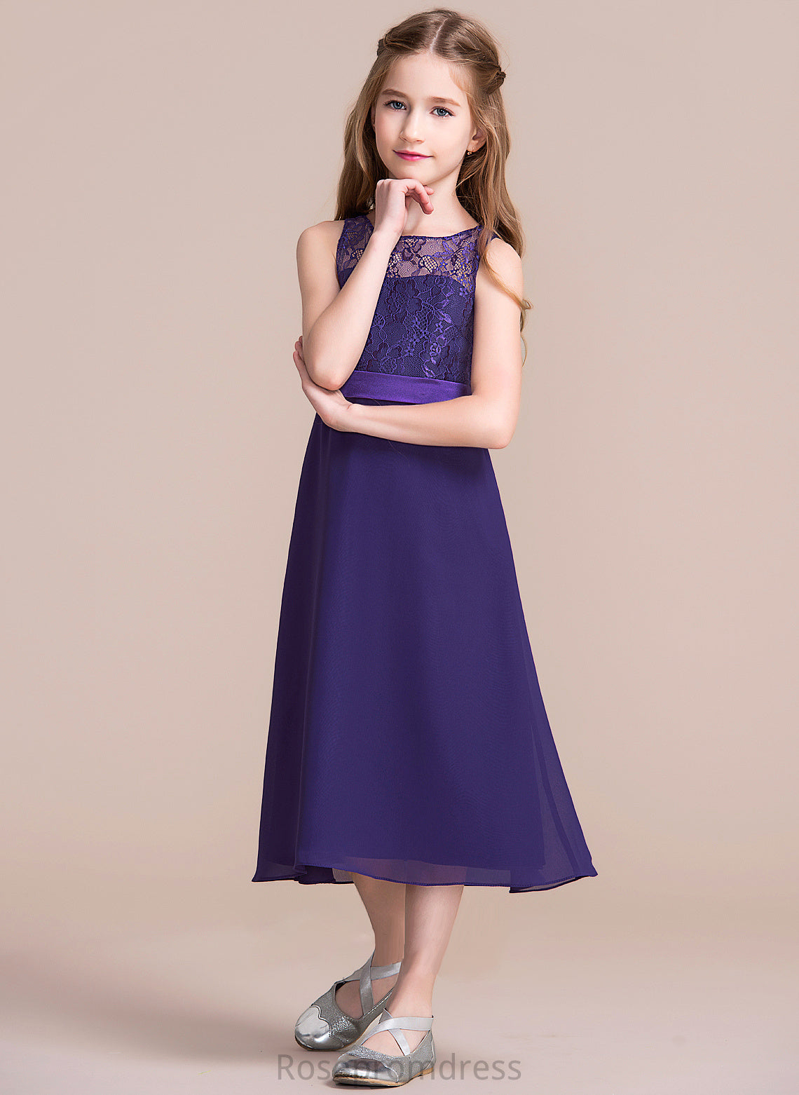 Junior Bridesmaid Dresses A-Line Adalyn Chiffon Tea-Length Scoop Neck