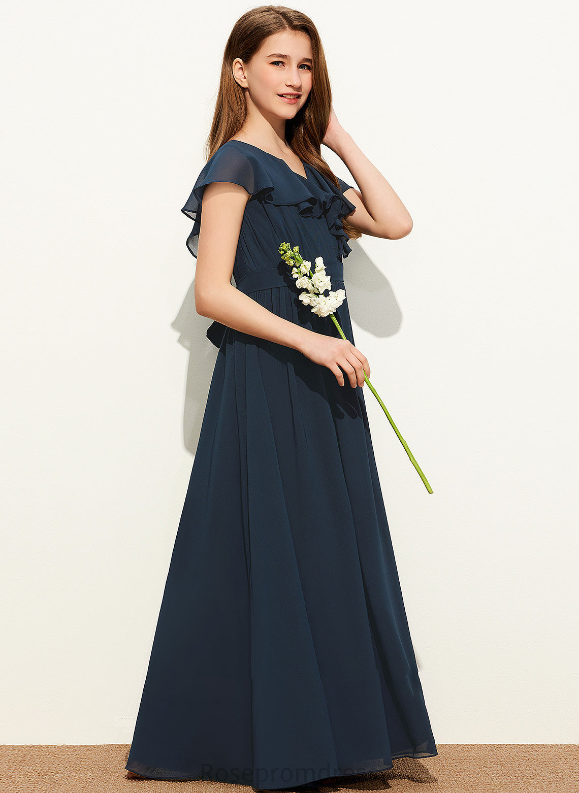 Chloe Junior Bridesmaid Dresses Cascading Floor-Length Bow(s) Ruffles A-Line With V-neck Chiffon