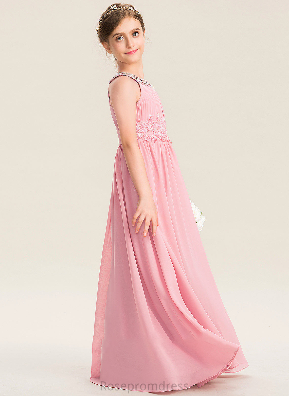 Scoop Maisie Ruffle Beading Junior Bridesmaid Dresses Floor-Length Chiffon A-Line Sequins Lace With Neck