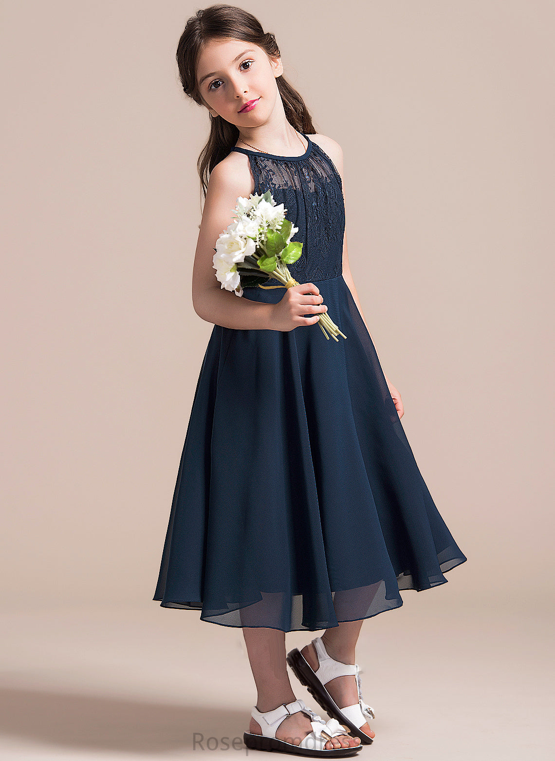 Junior Bridesmaid Dresses Lace Arielle Neck Scoop Chiffon Tea-Length Ruffle With A-Line