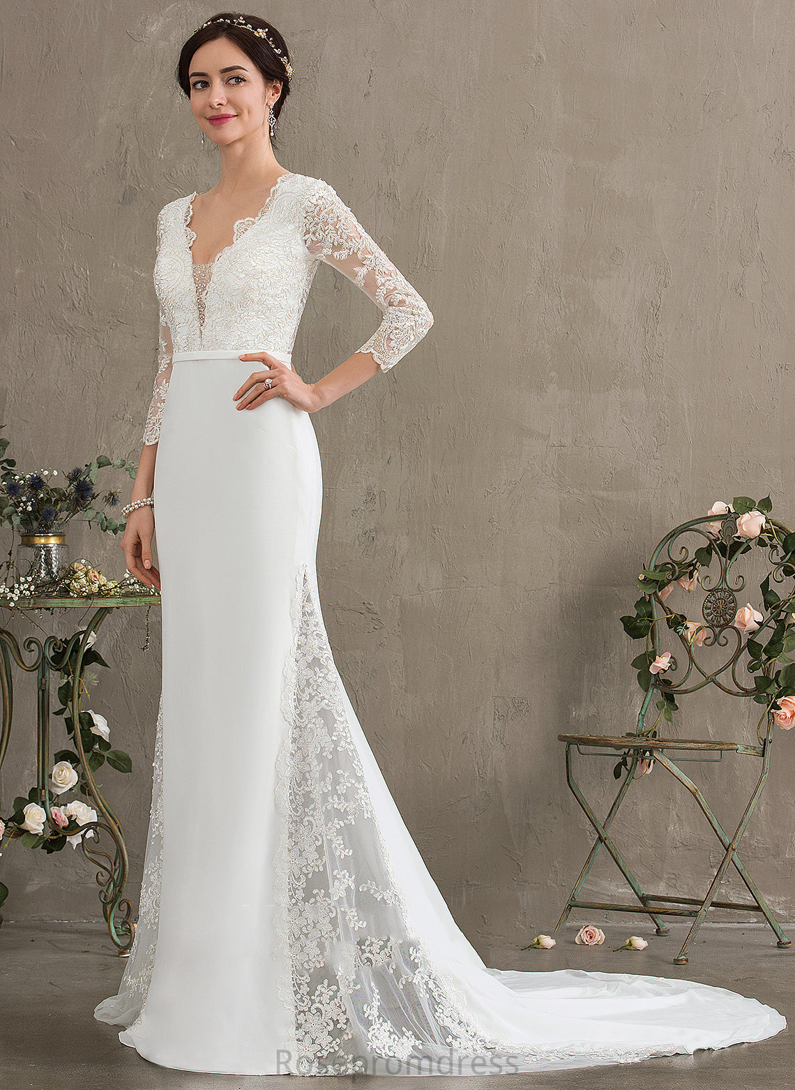 Trumpet/Mermaid Beading Sequins Lace Wedding Wedding Dresses Train Dominique Dress Chapel With Chiffon V-neck