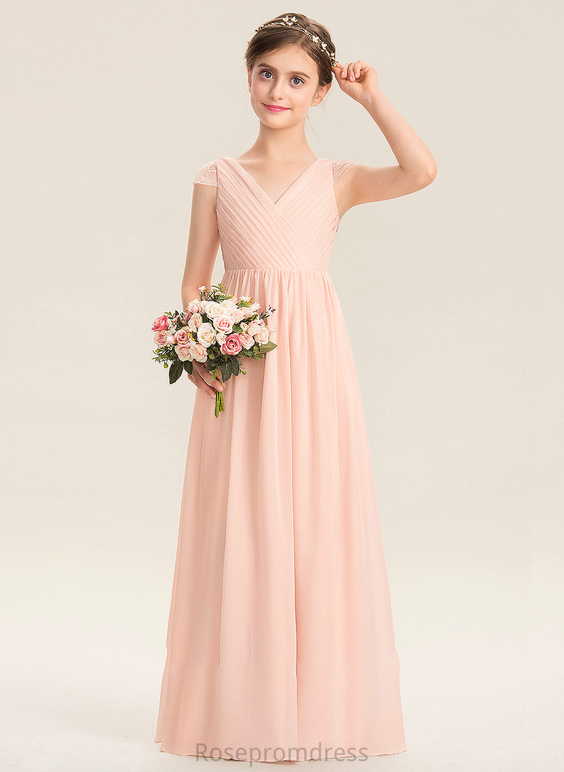 Floor-Length Elsie Junior Bridesmaid Dresses Lace Chiffon Ruffle A-Line V-neck With