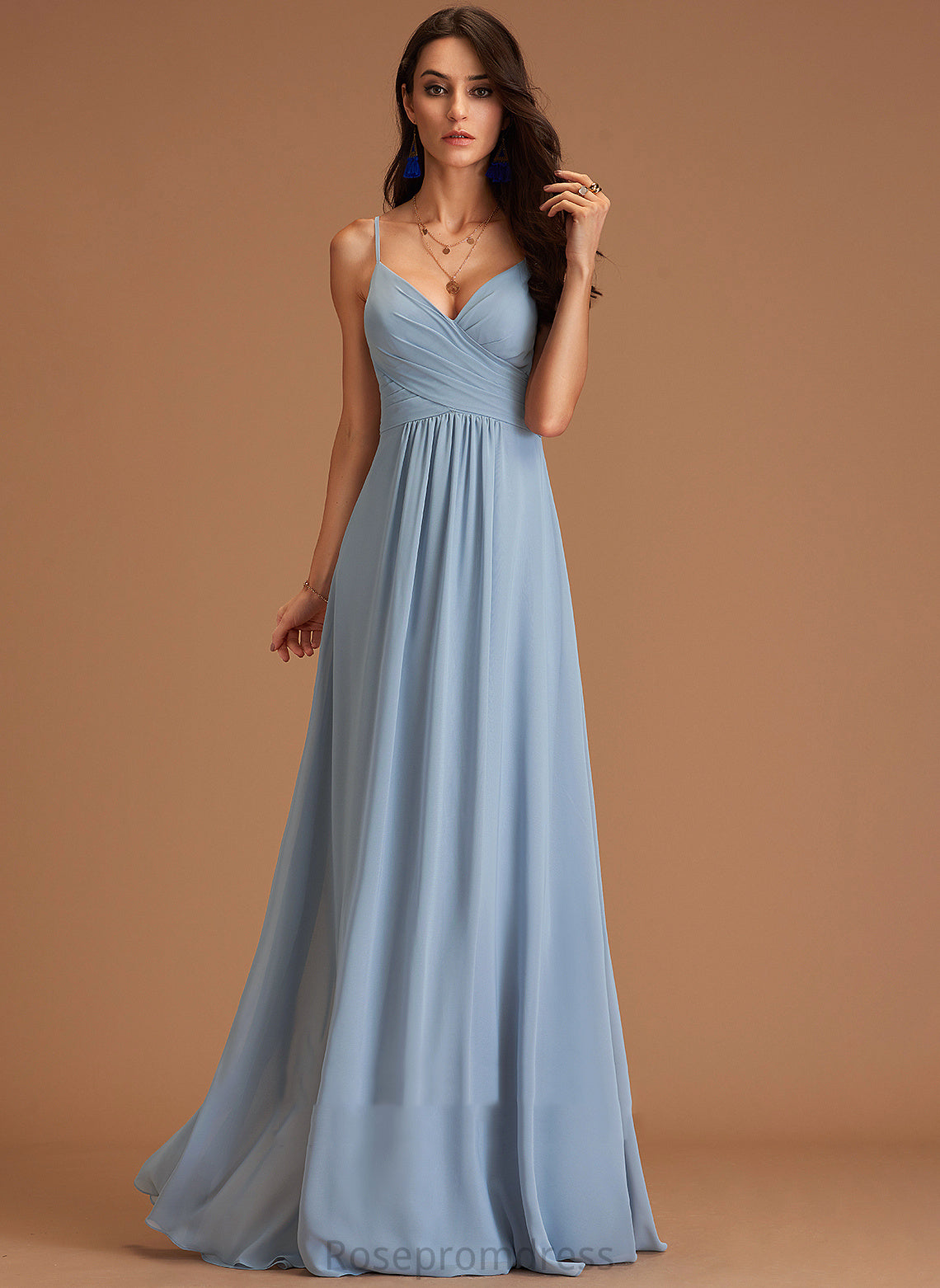 Length Embellishment Silhouette Floor-Length V-neck Fabric Ruffle Neckline A-Line Cara V-Neck Natural Waist Bridesmaid Dresses