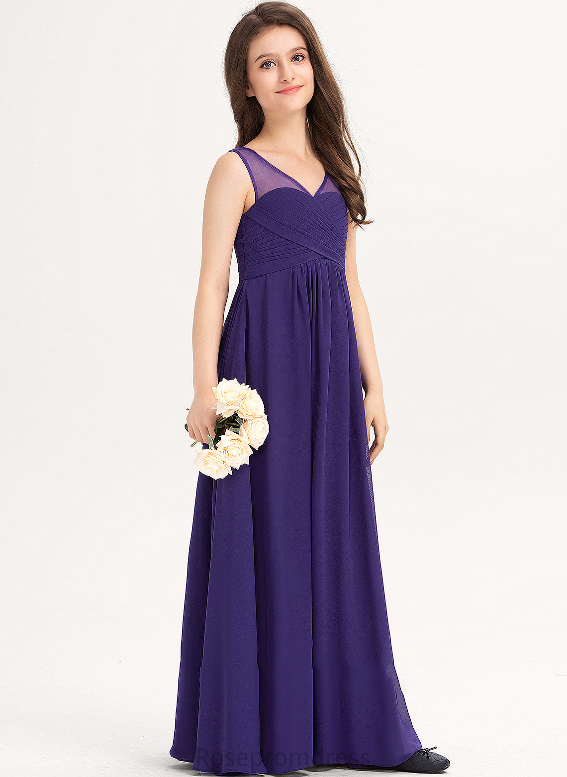 V-neck A-Line Floor-Length Ruffle Chiffon Azaria Junior Bridesmaid Dresses With