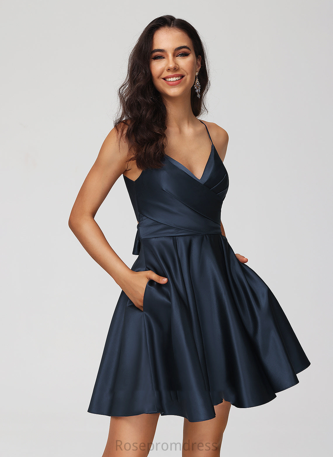 Jazmyn Short/Mini Satin A-Line V-neck Dress Homecoming With Homecoming Dresses Pleated