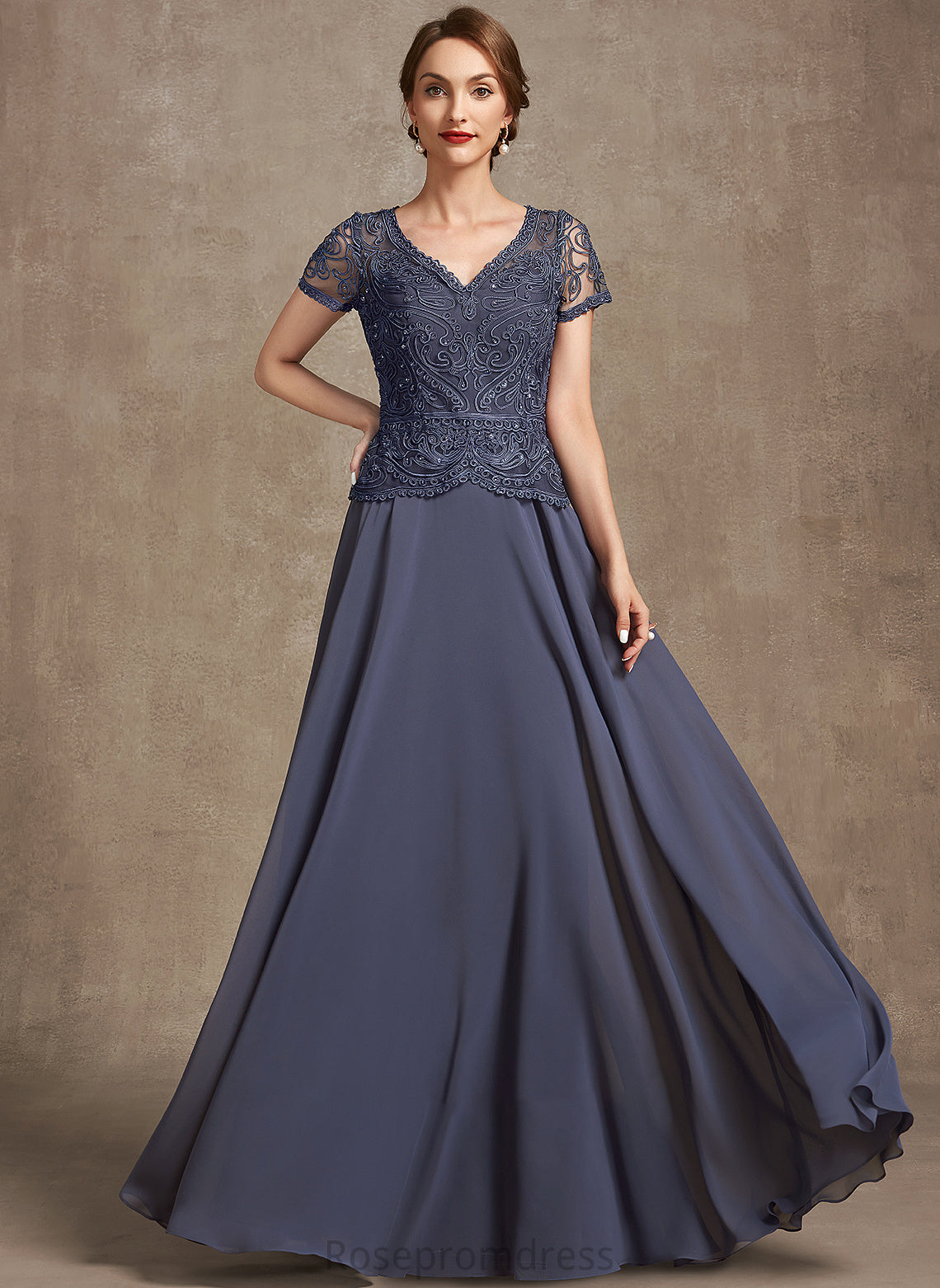 Dress Taryn Lace A-Line Chiffon Mother of the Bride Dresses Sequins V-neck Mother With the Floor-Length of Bride