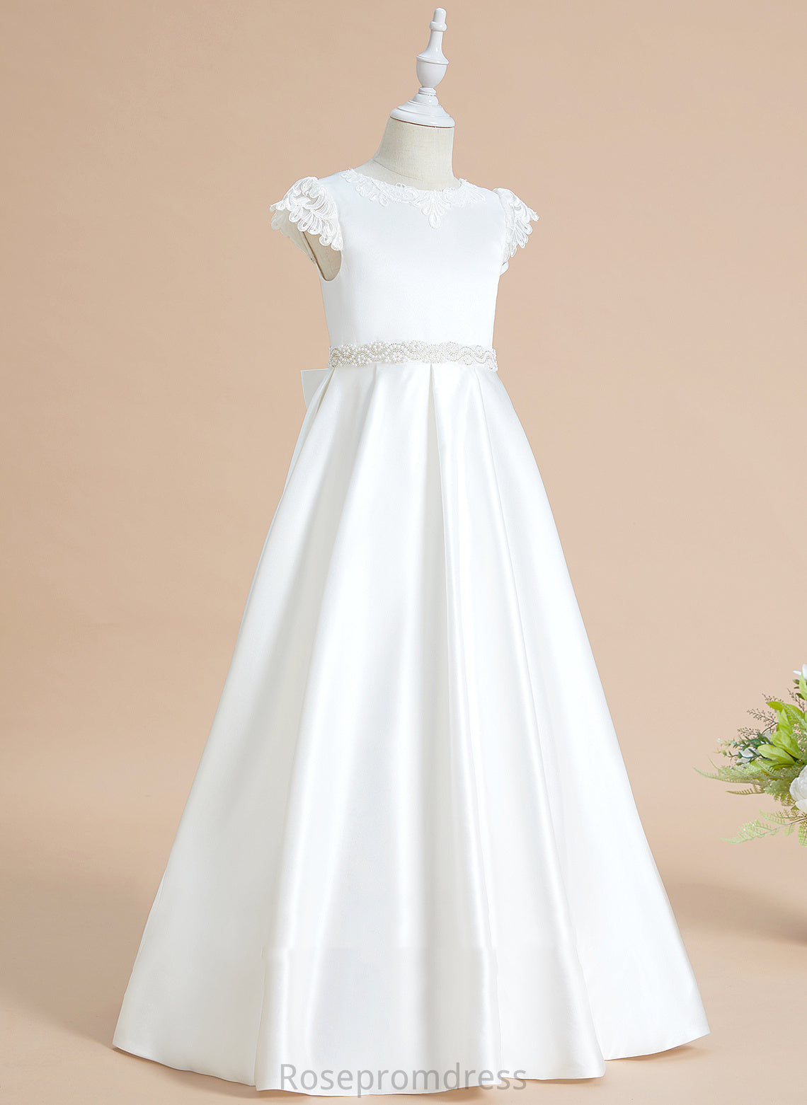 Flower - Floor-length Lace/Beading/Bow(s) Scoop Sleeves Satin Neck Girl Stacy With Dress Flower Girl Dresses Ball-Gown/Princess Short