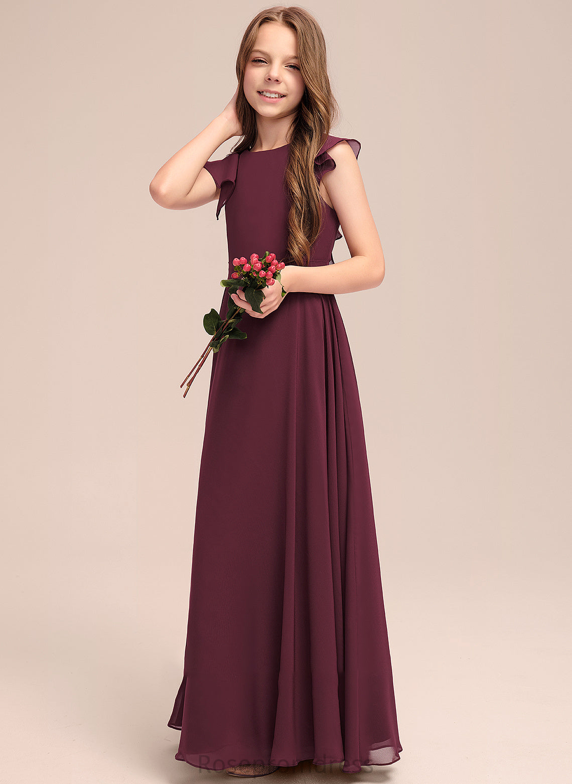 Chiffon Ruffles Floor-Length Cascading Junior Bridesmaid Dresses With A-Line Neck Elva Scoop