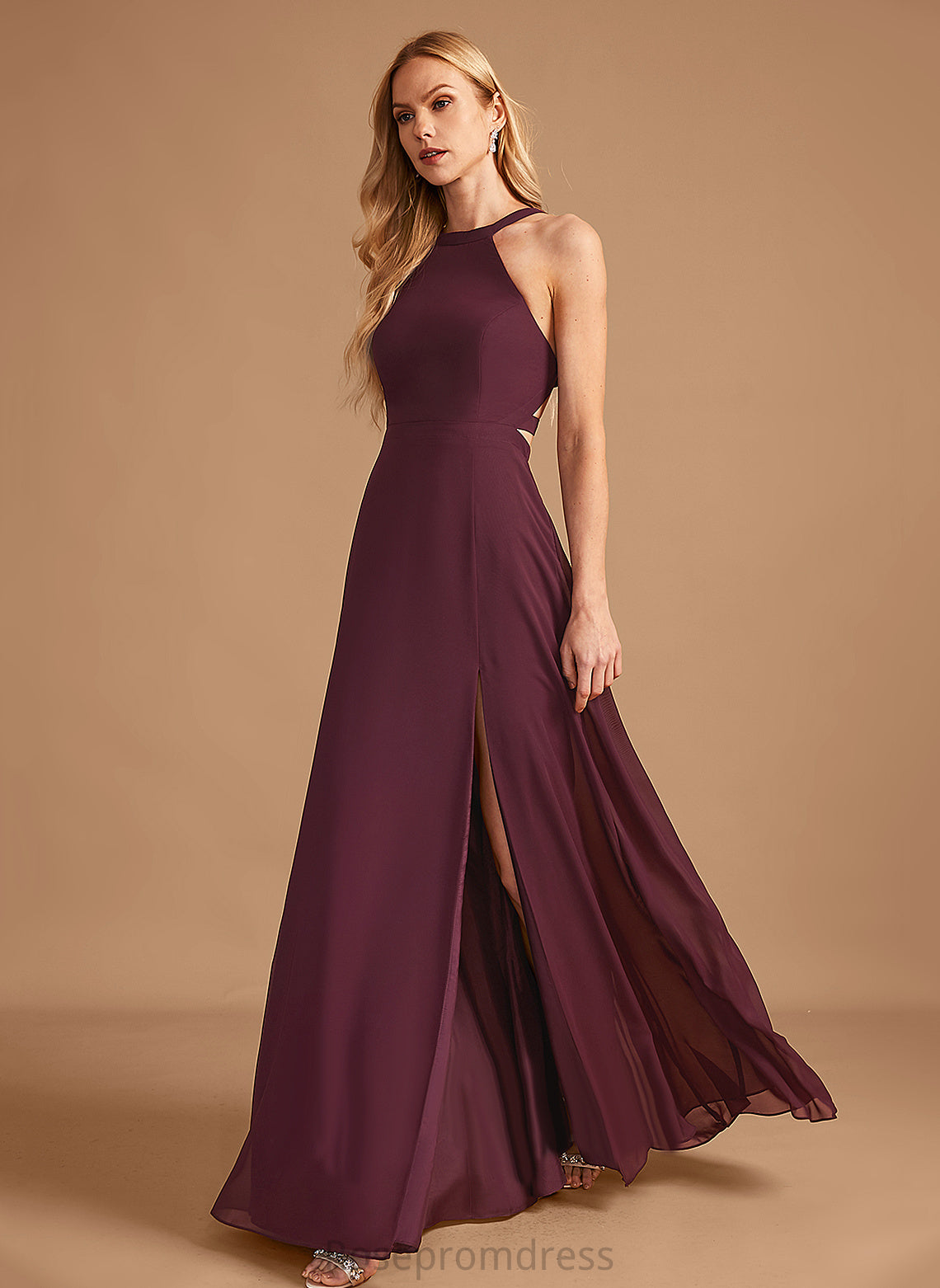 Silhouette Floor-Length HighNeck Length Fabric SplitFront Embellishment Neckline A-Line Lyric Natural Waist Floor Length Bridesmaid Dresses