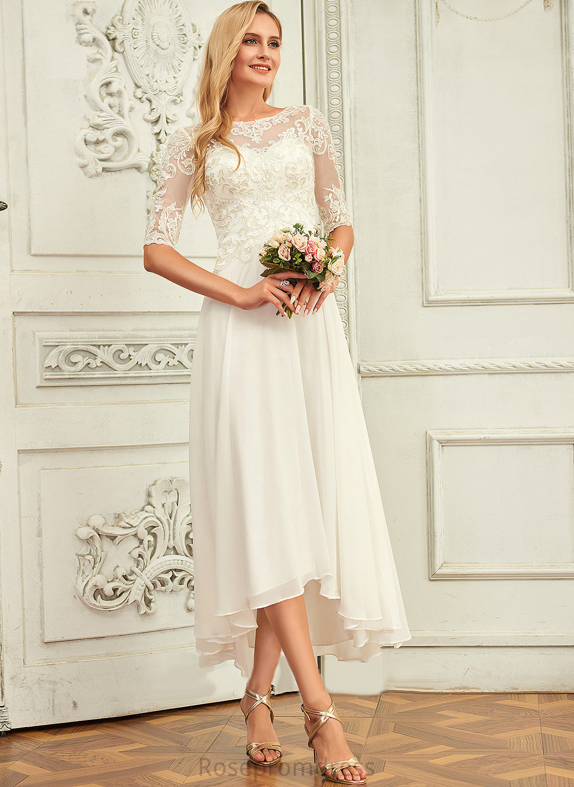 Sequins Asymmetrical Wedding Dresses A-Line With Dress Maisie Chiffon Scoop Beading Wedding Lace