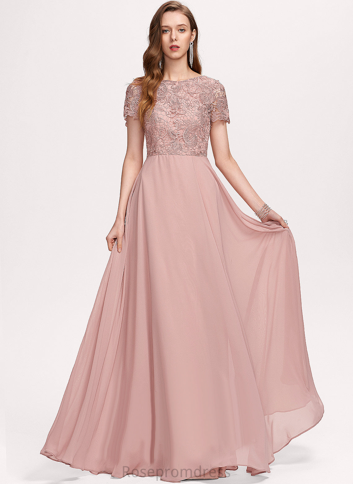 A-Line Scoop Sequins Danielle With Chiffon Floor-Length Lace Prom Dresses