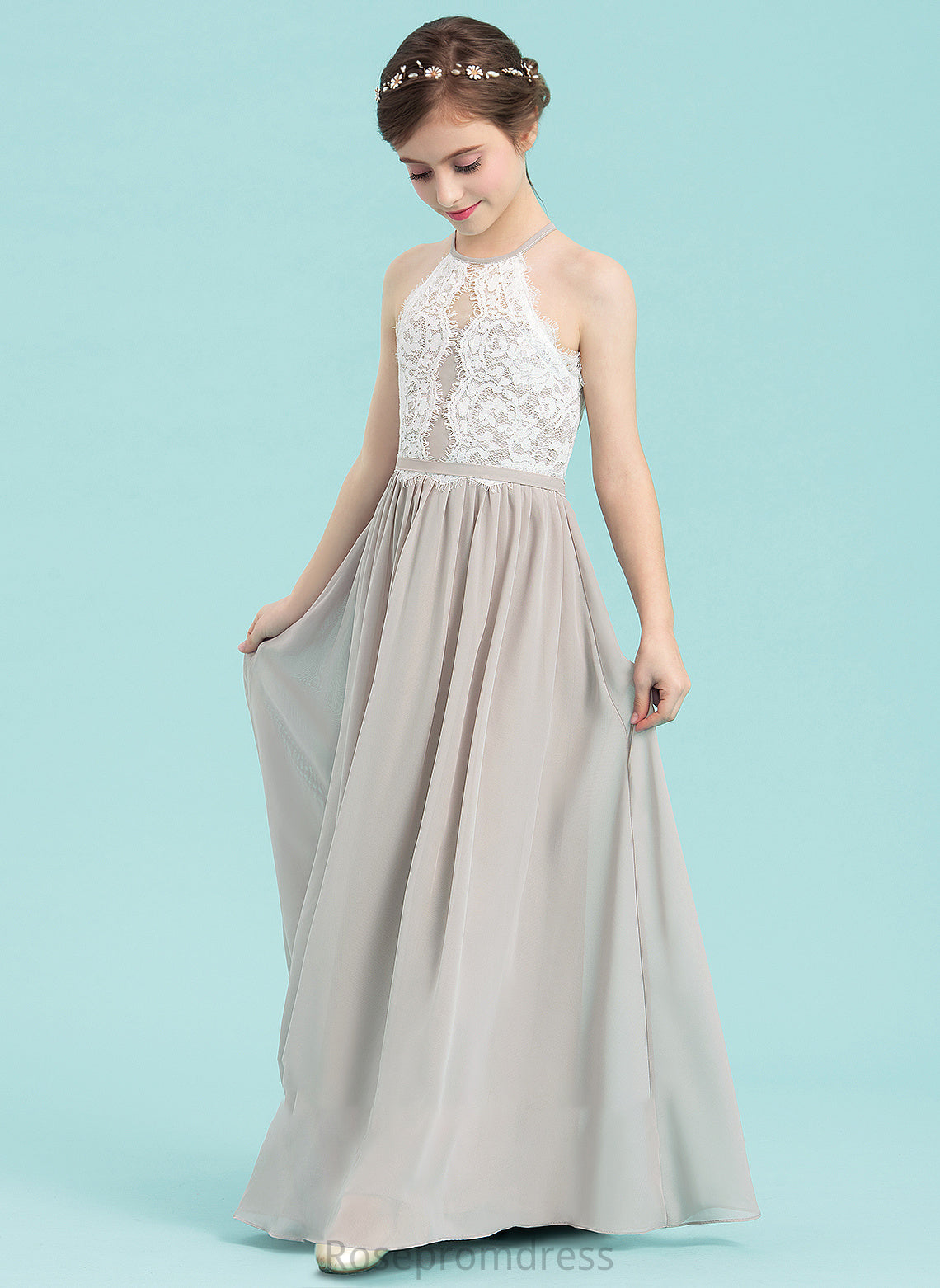 Scoop Junior Bridesmaid Dresses Sidney A-Line Chiffon Floor-Length Neck