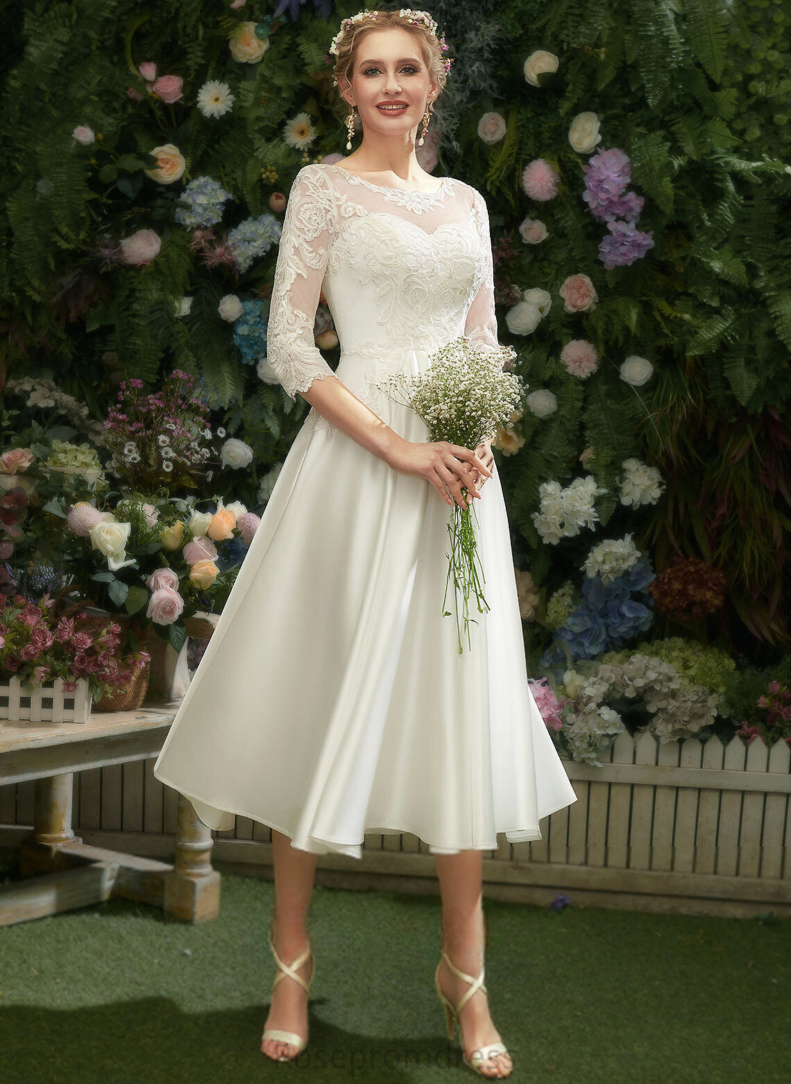 Illusion Satin Tea-Length Wedding A-Line Wedding Dresses Lace Miah Dress