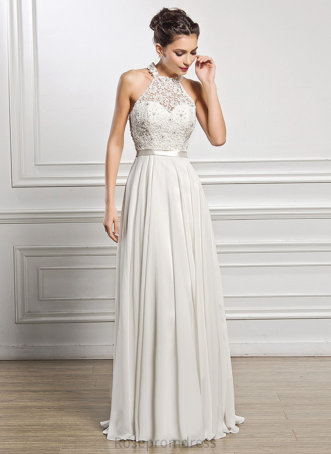 Floor-Length Wedding Wedding Dresses A-Line Beading Lace Sequins Chiffon Dress Joy With